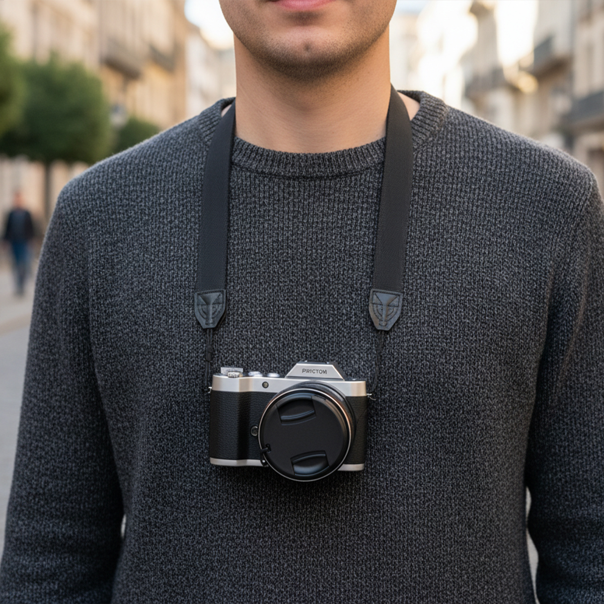 Osoba w szarym swetrze z aparatem na szyi. Aparat ma osłonę obiektywu i czarny pasek.