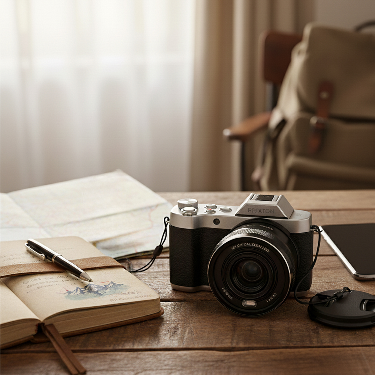 Aparat, notatnik, długopis, mapa i plecak na drewnianym stole. Naturalne światło z okna. Skupienie na aparacie i jego szczegółach.