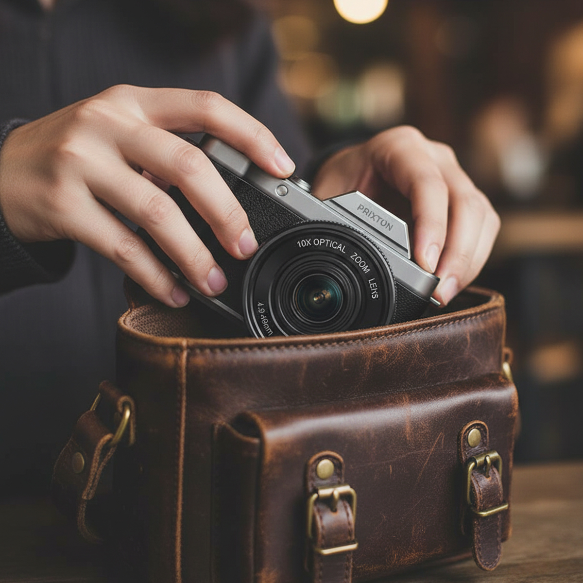 Osoba wkłada srebrny aparat do brązowej skórzanej torby. Aparat ma czarny obiektyw. Torba stoi na drewnianej powierzchni.