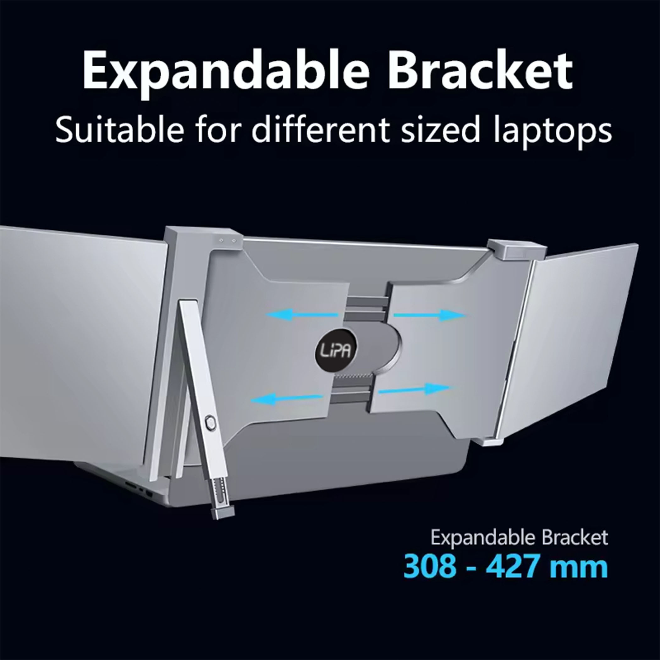 Srebrny, rozkładany uchwyt na laptopa. Strzałki wskazują rozszerzenie. Tekst: 'Expandable Bracket' i zakres rozmiarów '308-427 mm'.