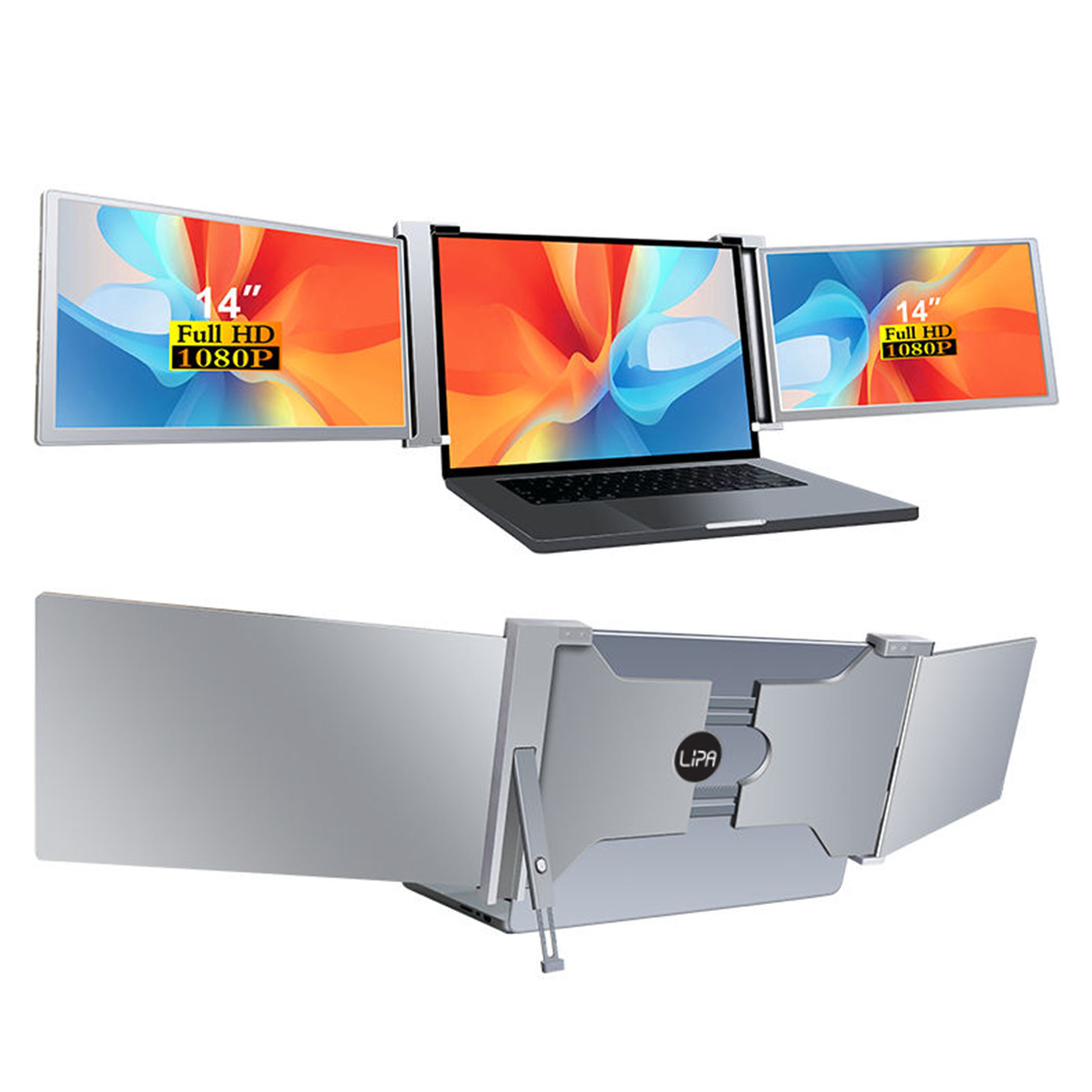 Laptop z dołączonymi ekranami. Trzy monitory są podłączone do laptopa, wyświetlając zawartość.