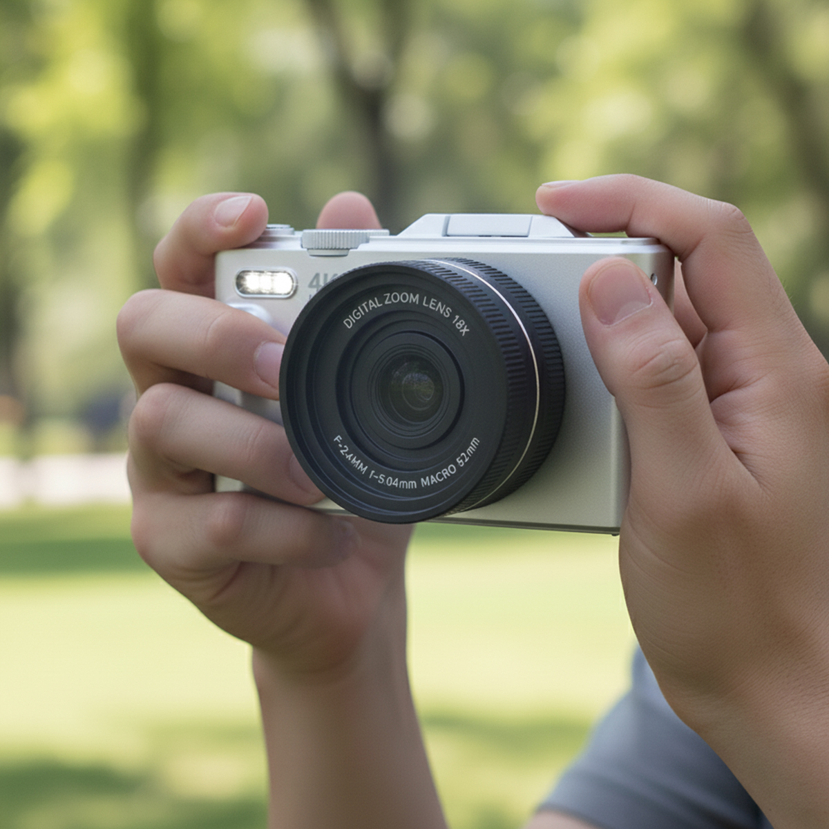 Osoba trzyma srebrny aparat z czarnym obiektywem. Tło jest rozmyte zielone, sugerujące scenerię na zewnątrz.