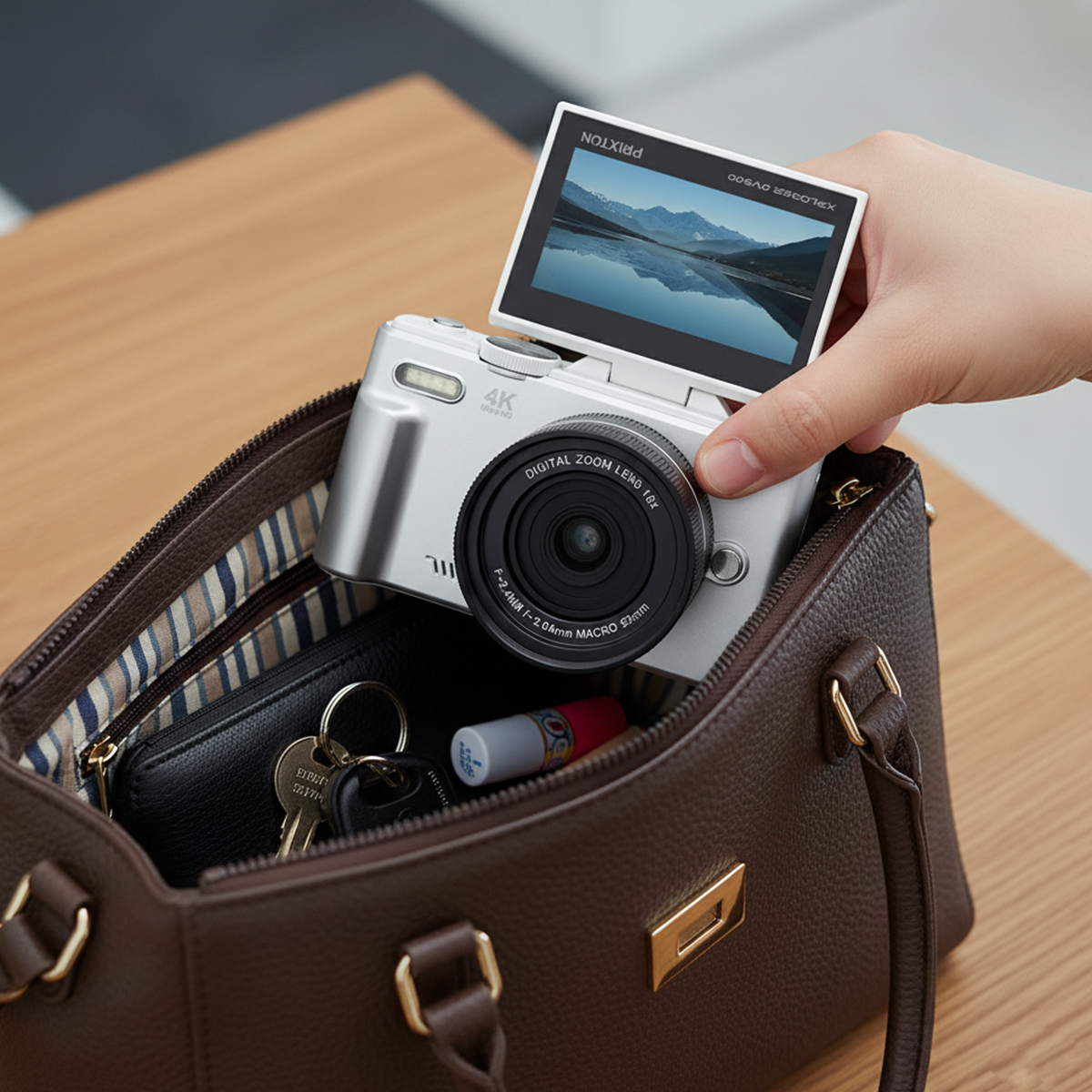 Ręka trzyma srebrny aparat z ekranem z krajobrazem, wychodzący z brązowej torebki, z widocznymi kluczami, portfelem i szminką.