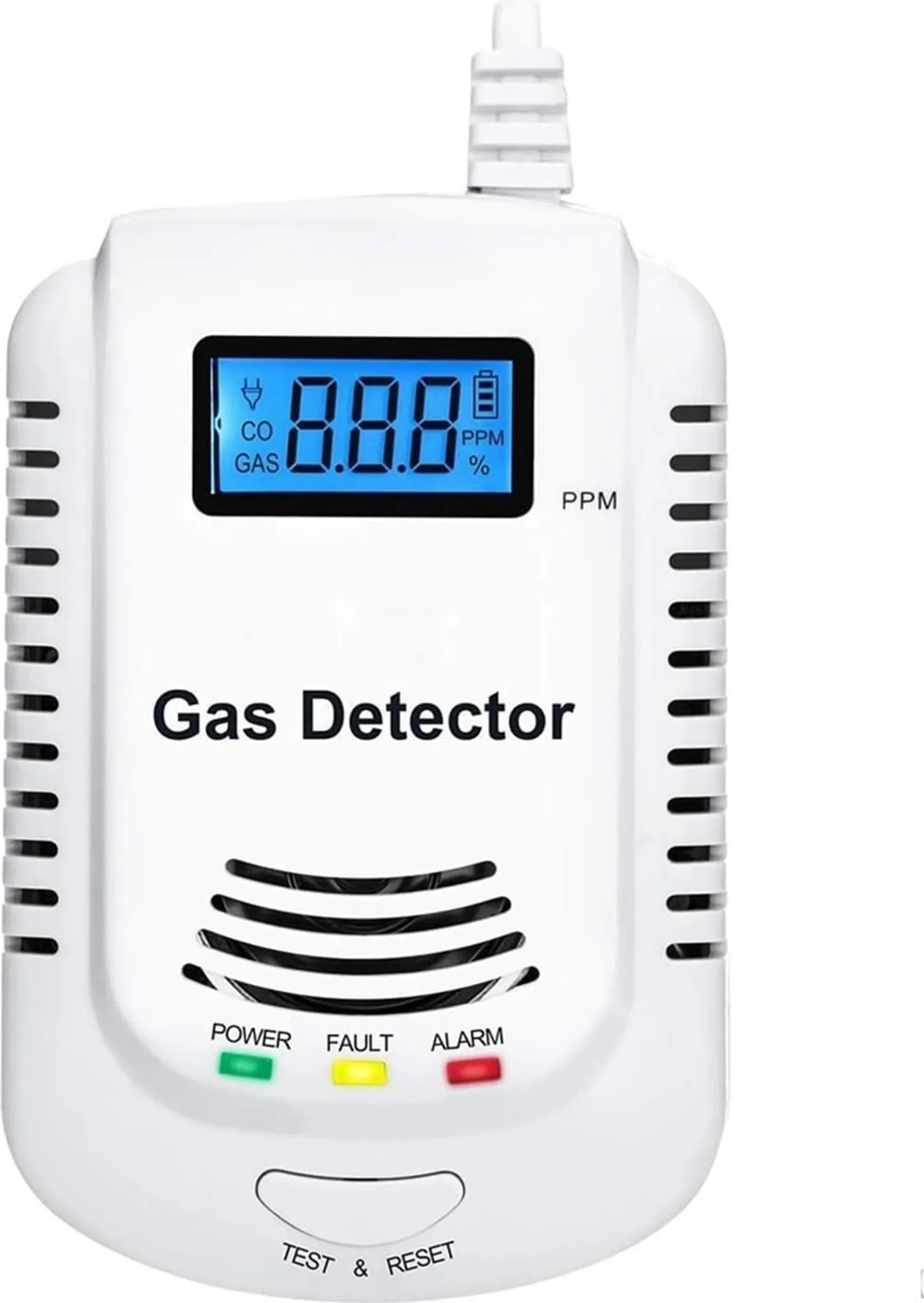 Ein weißer Gasdetektor mit digitaler Anzeige '8.8.8'. Er hat Strom-, Fehler- und Alarmanzeigen. Text: Gasdetektor.