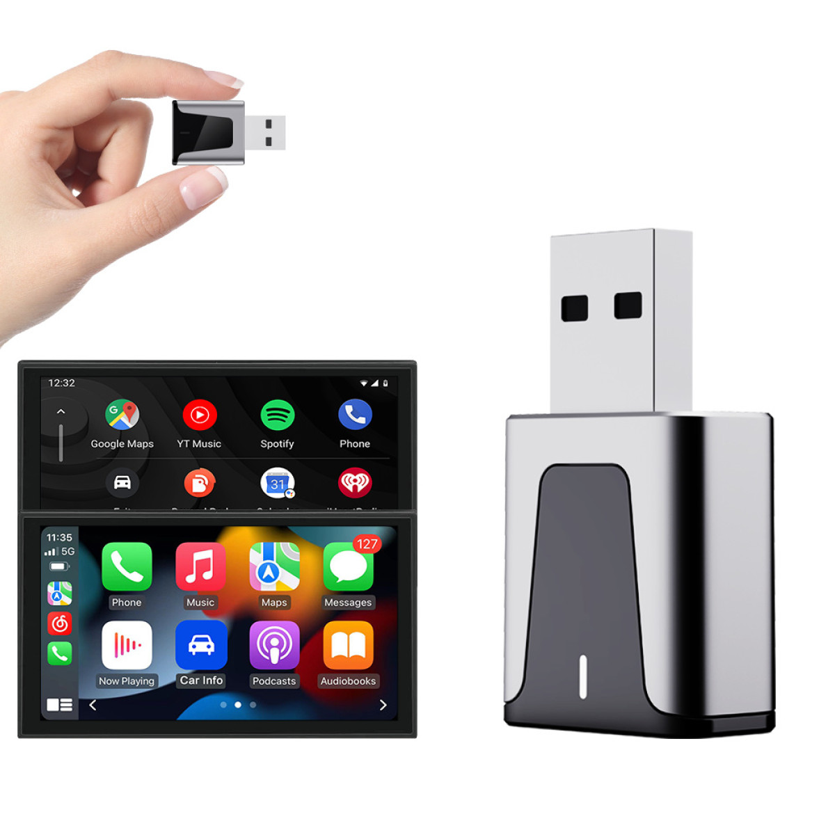 Hand hält USB-Adapter über einem Auto-Display mit App-Symbolen. Ein ähnlicher Adapter steht rechts aufrecht.