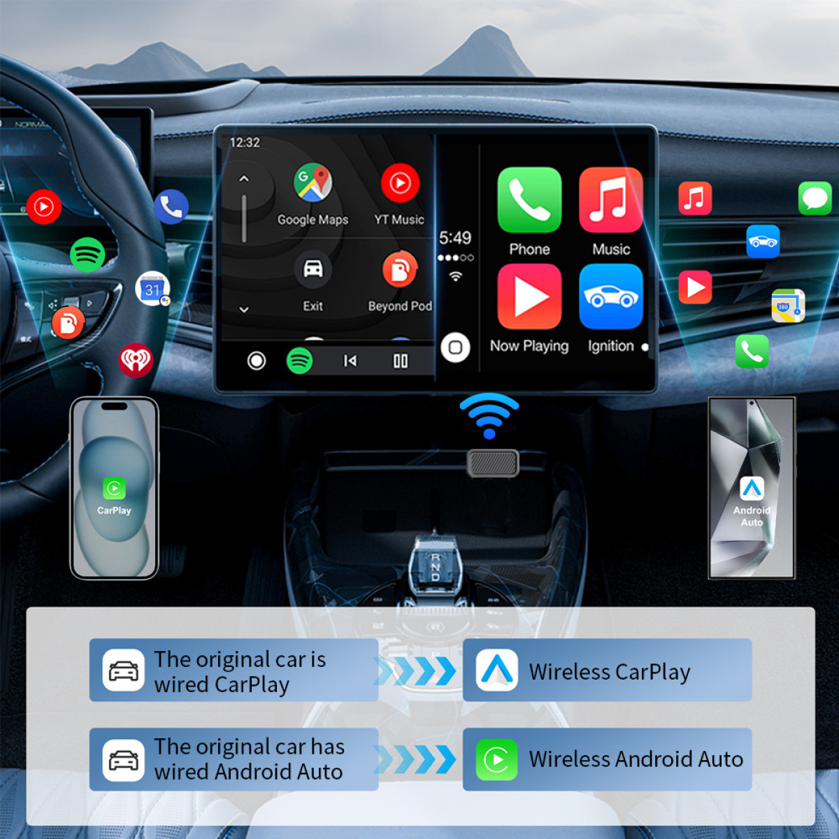 Infotainment-Bildschirm des Autos mit Google Maps, Musik und Telefon-Apps.  Drahtlose CarPlay- und Android Auto-Optionen sind hervorgehoben.