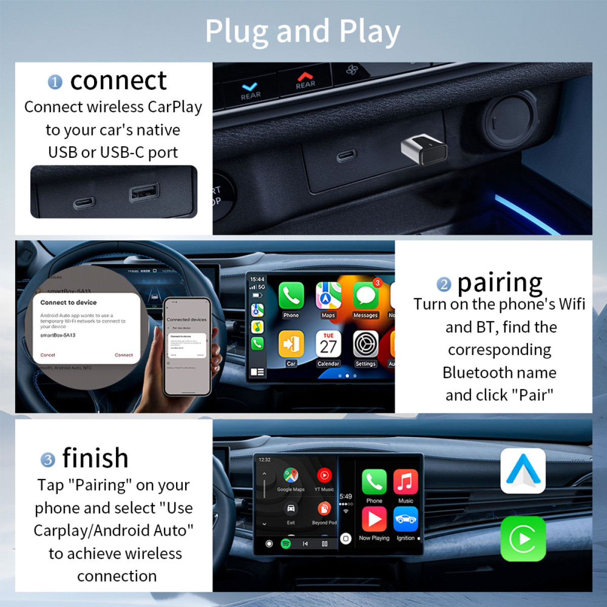 Diagramm zur Einrichtung des Autos. Zeigt das Verbinden, Koppeln und Abschließen der drahtlosen CarPlay-Einrichtung mit Telefon und Auto.