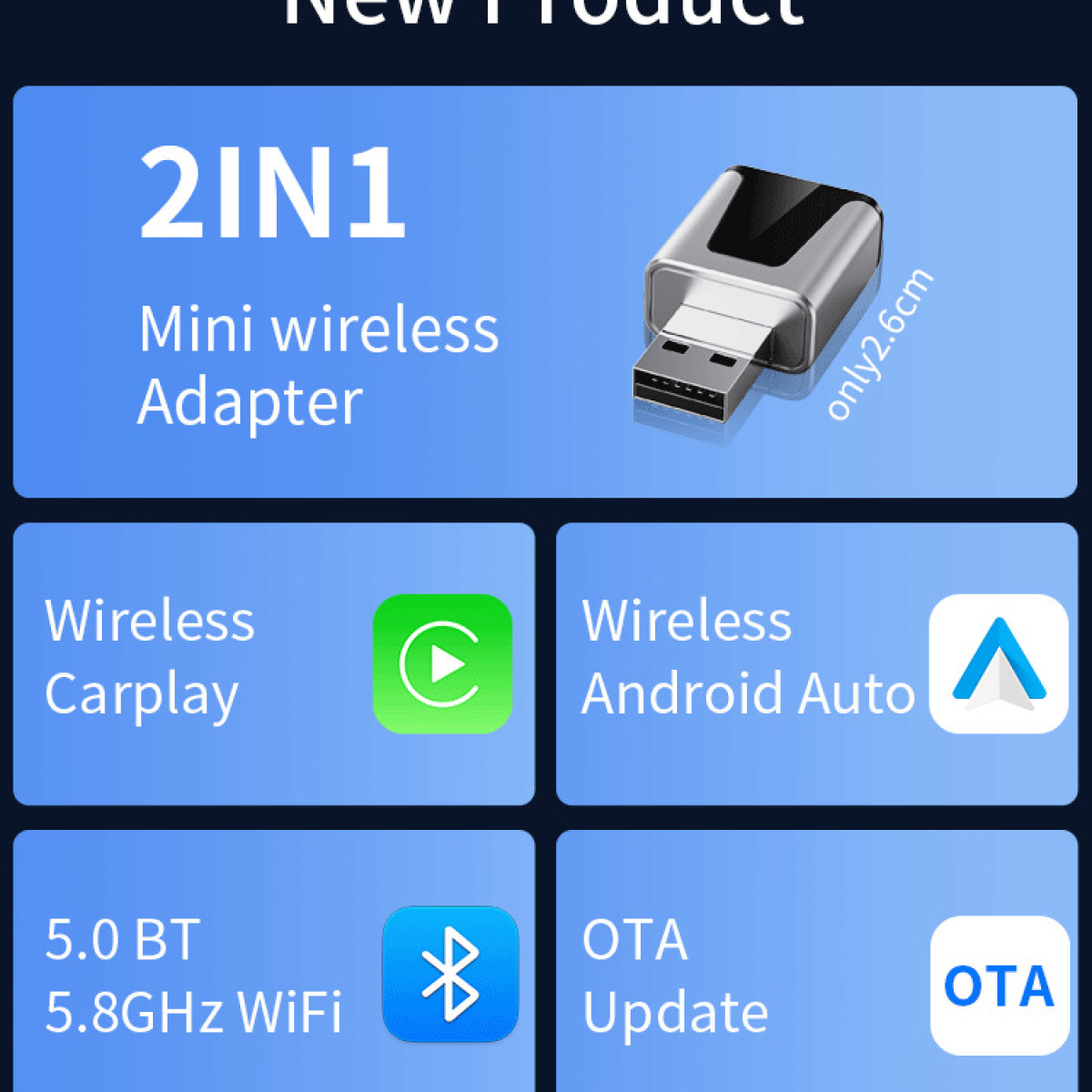 Das Bild zeigt einen 2-in-1 Mini-WLAN-Adapter mit Funktionen wie CarPlay, Android Auto, 5.0 BT, 5,8 GHz WiFi und OTA-Update, USB-Anschluss.