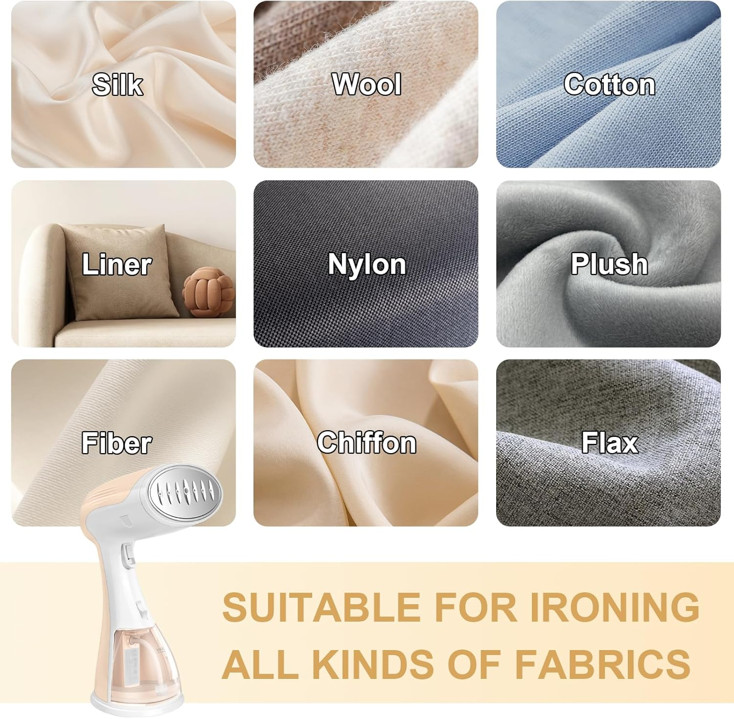 Das Bild zeigt verschiedene Stoffe: Seide, Wolle, Baumwolle, Liner, Nylon, Plüsch, Faser, Chiffon und Leinen. Ein Steamer und Text: Geeignet zum Bügeln aller Stoffarten.