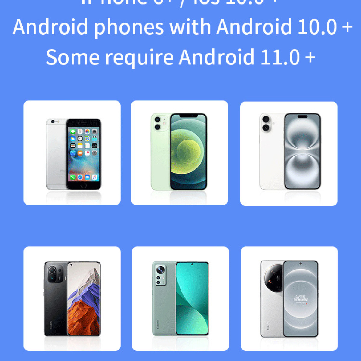 Das Bild zeigt sechs Smartphones, angeordnet in zwei Reihen zu je drei, vor blauem Hintergrund. Die Telefone sind in Design und Farbe unterschiedlich.