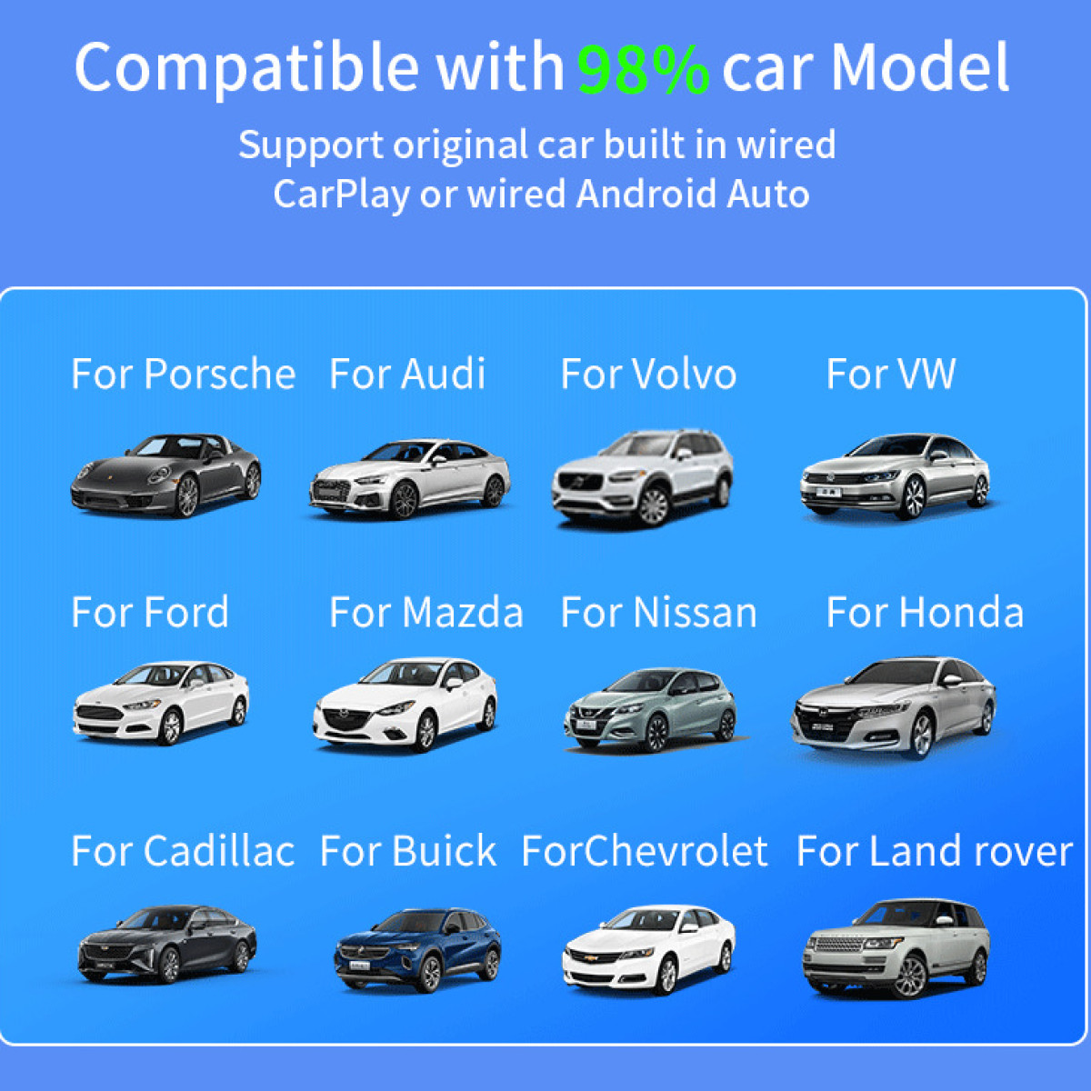 Das Bild zeigt Automodelle wie Porsche, Audi, Volvo, VW, Ford, Mazda, Nissan, Honda, Cadillac, Buick, Chevrolet, Land Rover.