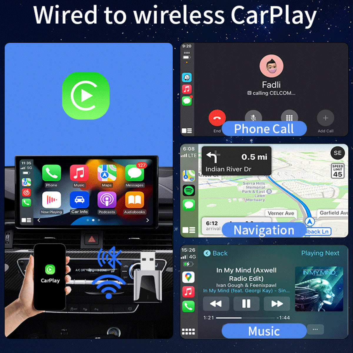 CarPlay-Oberfläche mit Telefonanruf, Navigation, Musik und App-Optionen auf dem Infotainment-Bildschirm des Autos.