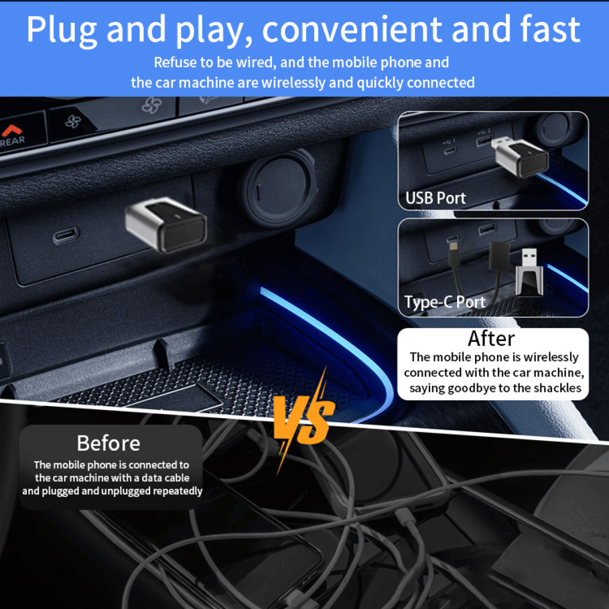 Bild zeigt Autointerieur. Oben: Drahtloser Adapter. Unten: kabelgebundenes Telefon vs. drahtlose Verbindung. Text hebt 'Plug and Play' hervor.
