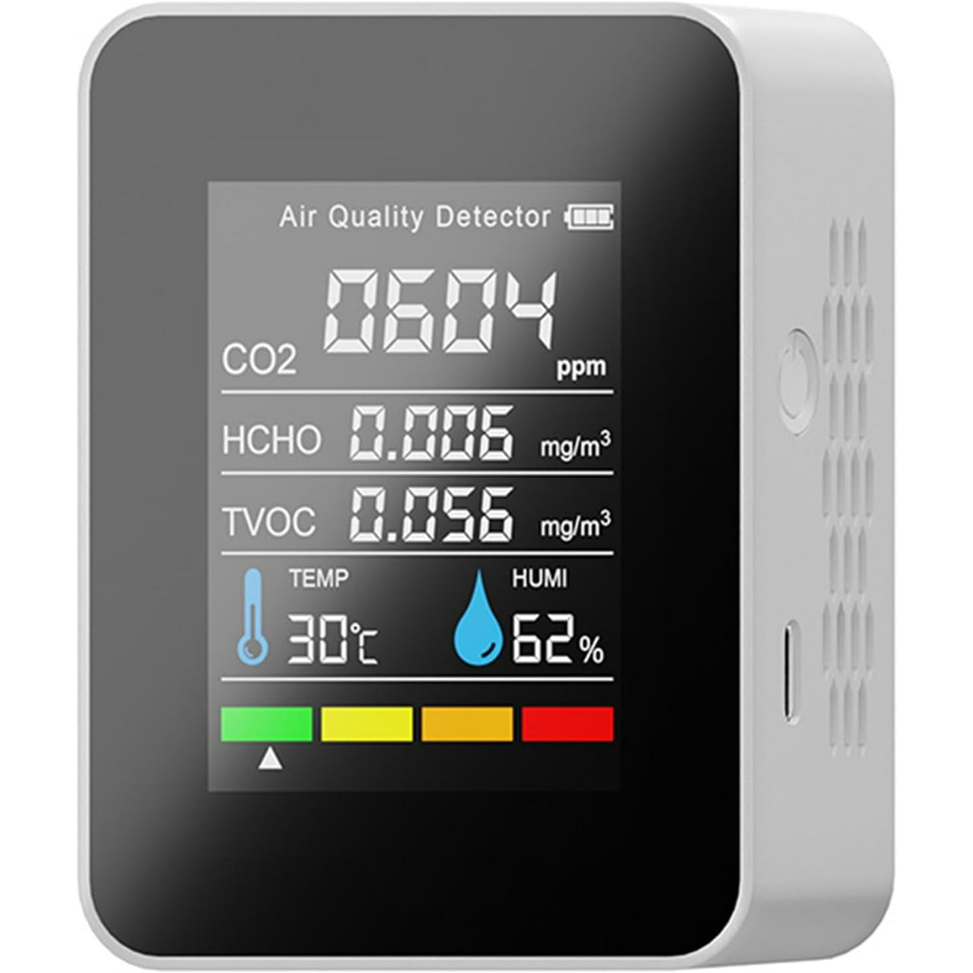 Ein Luftqualitätsdetektor zeigt CO2-, HCHO-, TVOC-Werte, Temperatur und Luftfeuchtigkeit an. Das Gerät ist weiß und hat einen schwarzen Bildschirm.
