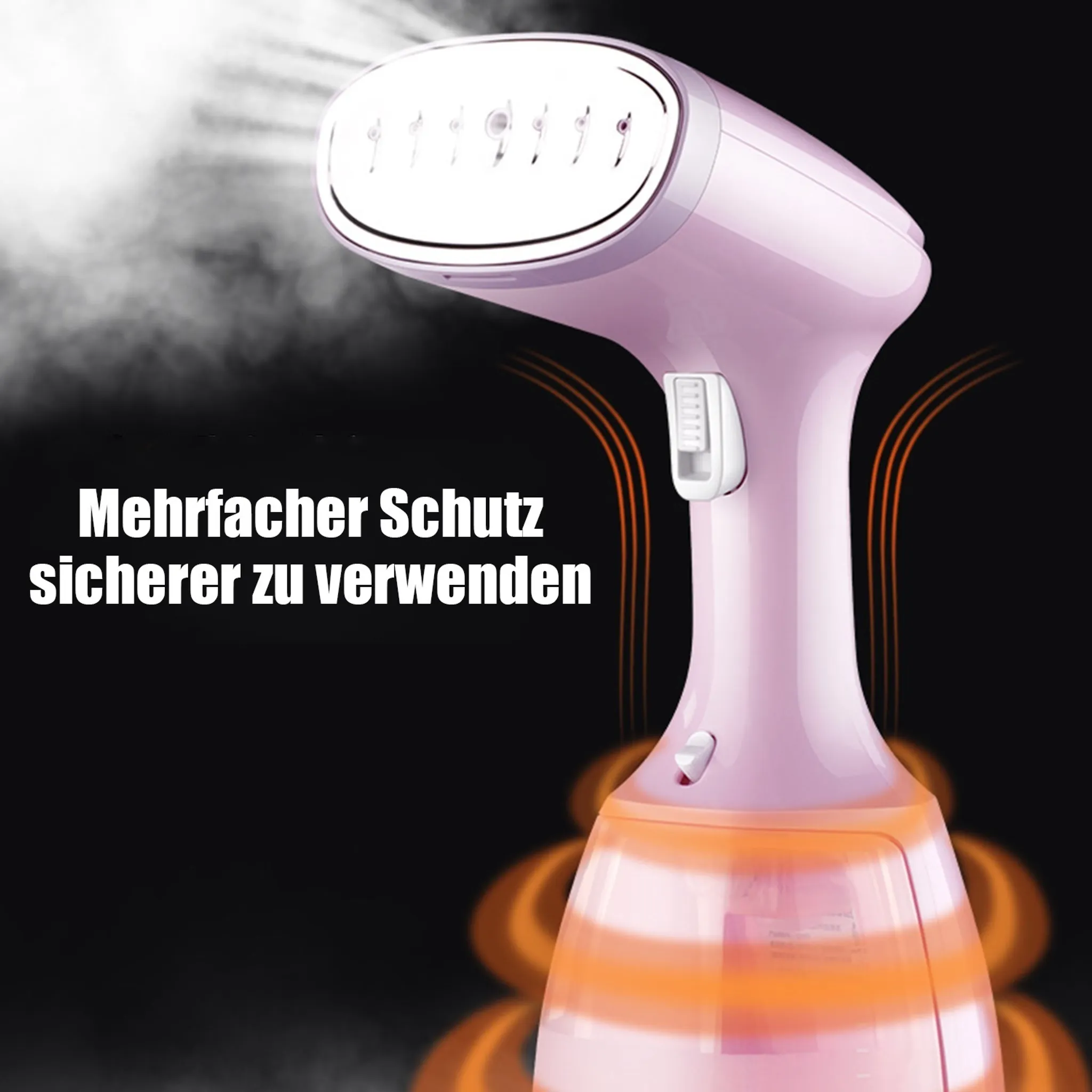 Ein rosa-weißer Kleidungsdampfer mit Dampf. Text links: 'Mehrfacher Schutz sicherer zu verwenden'.