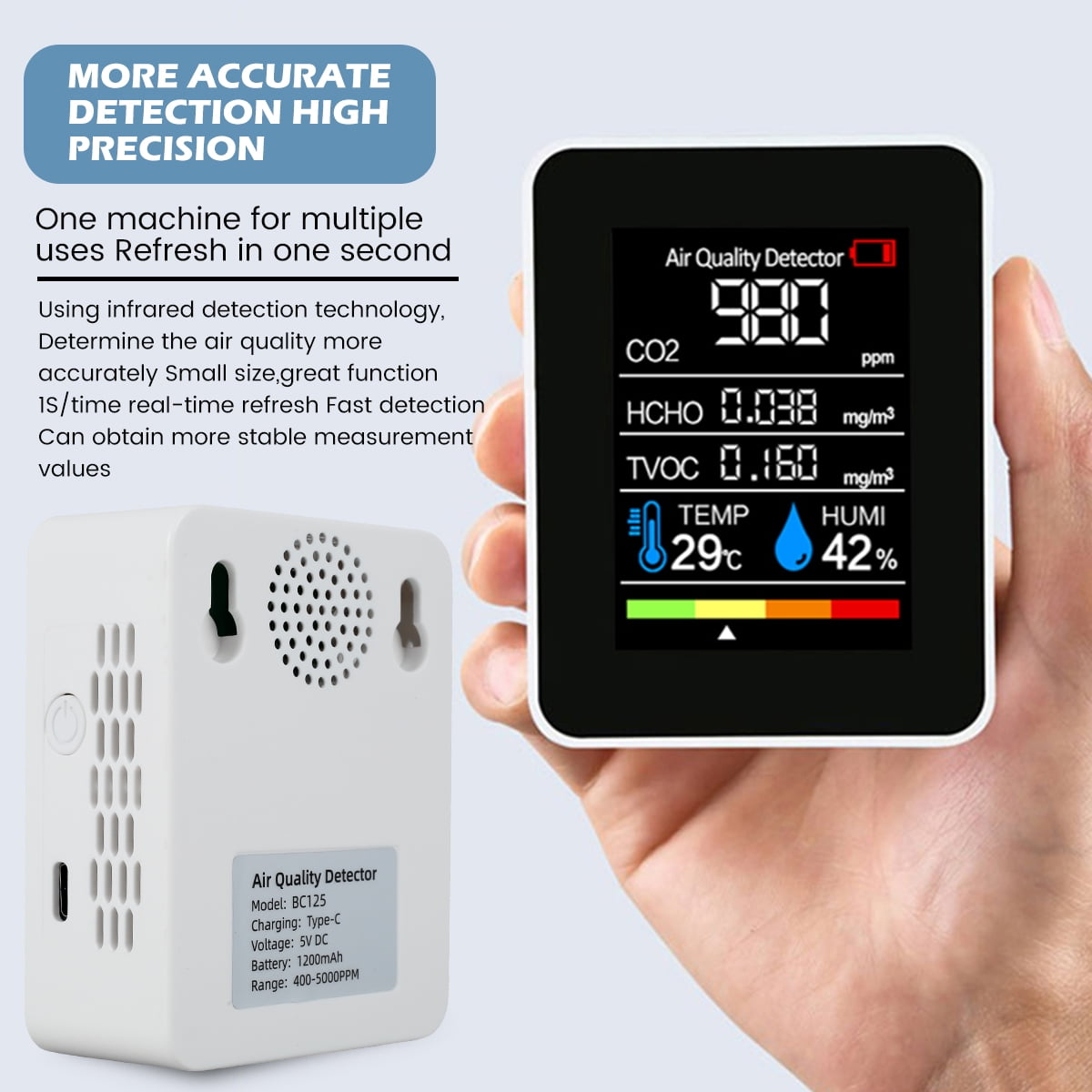 Eine Hand hält ein Luftqualitätsmessgerät. Der Bildschirm zeigt Messwerte von CO2, HCHO, TVOC, Temperatur und Feuchtigkeit an. Links ein weißer Luftqualitätssensor.