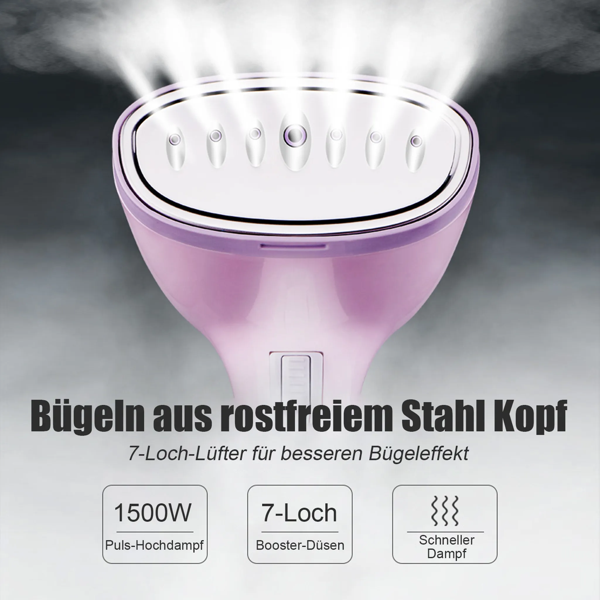 Ein pinkfarbener und weißer Kleiderdampfer mit Dampf. Text auf Deutsch wirbt für Funktionen wie 7-Loch und 1500W.