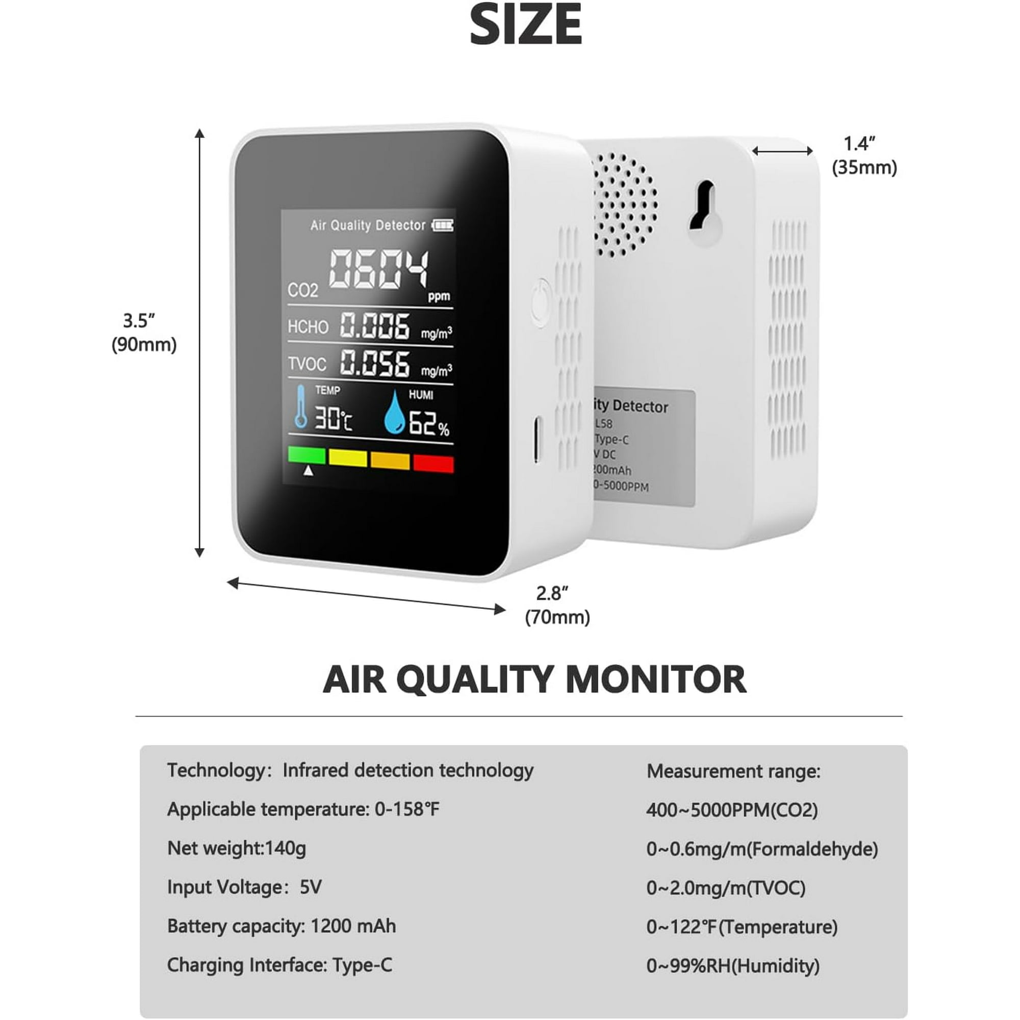 Luftqualitätsmonitor mit CO2-, HCHO-, TVOC-, Temperatur- und Feuchtigkeitsmesswerten. Es zeigt auch die Abmessungen an.