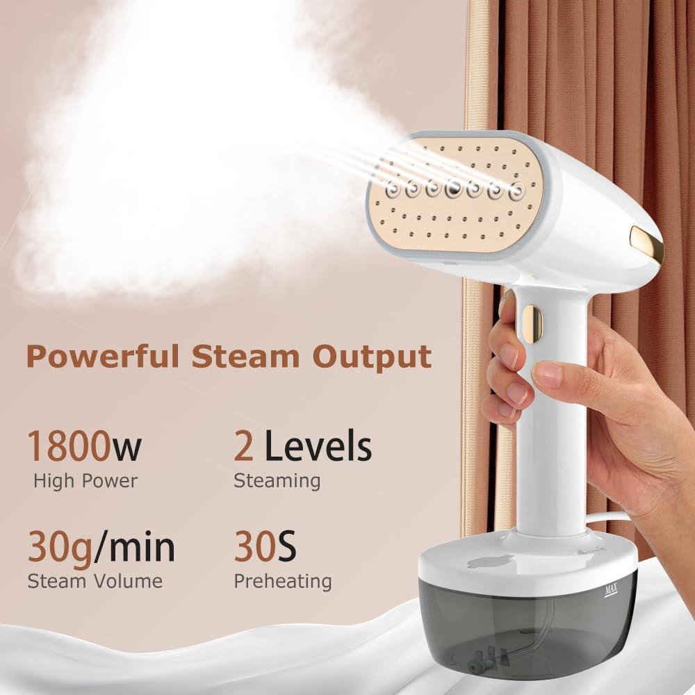 Ein weiß-goldener Handdampfer, der Dampf ausstößt. Merkmale sind 1800 W Leistung, 2 Dampfstufen, 30 g/min Dampfvolumen und 30 s Vorheizzeit.