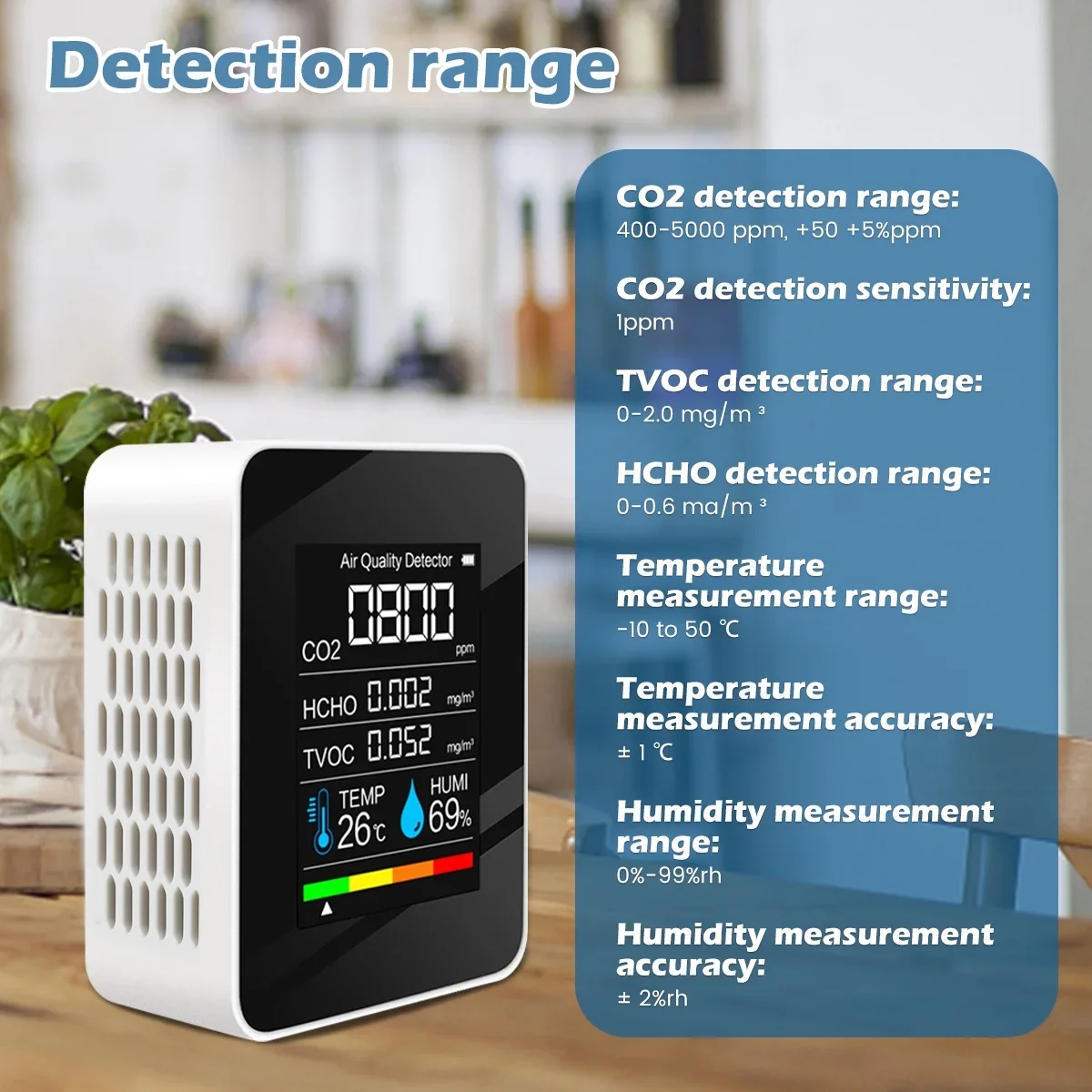 Weißer Luftqualitätsdetektor zeigt Messwerte für CO2, HCHO, TVOC, Temperatur und Luftfeuchtigkeit an. Hintergrund enthält Text über Erkennungsbereiche.