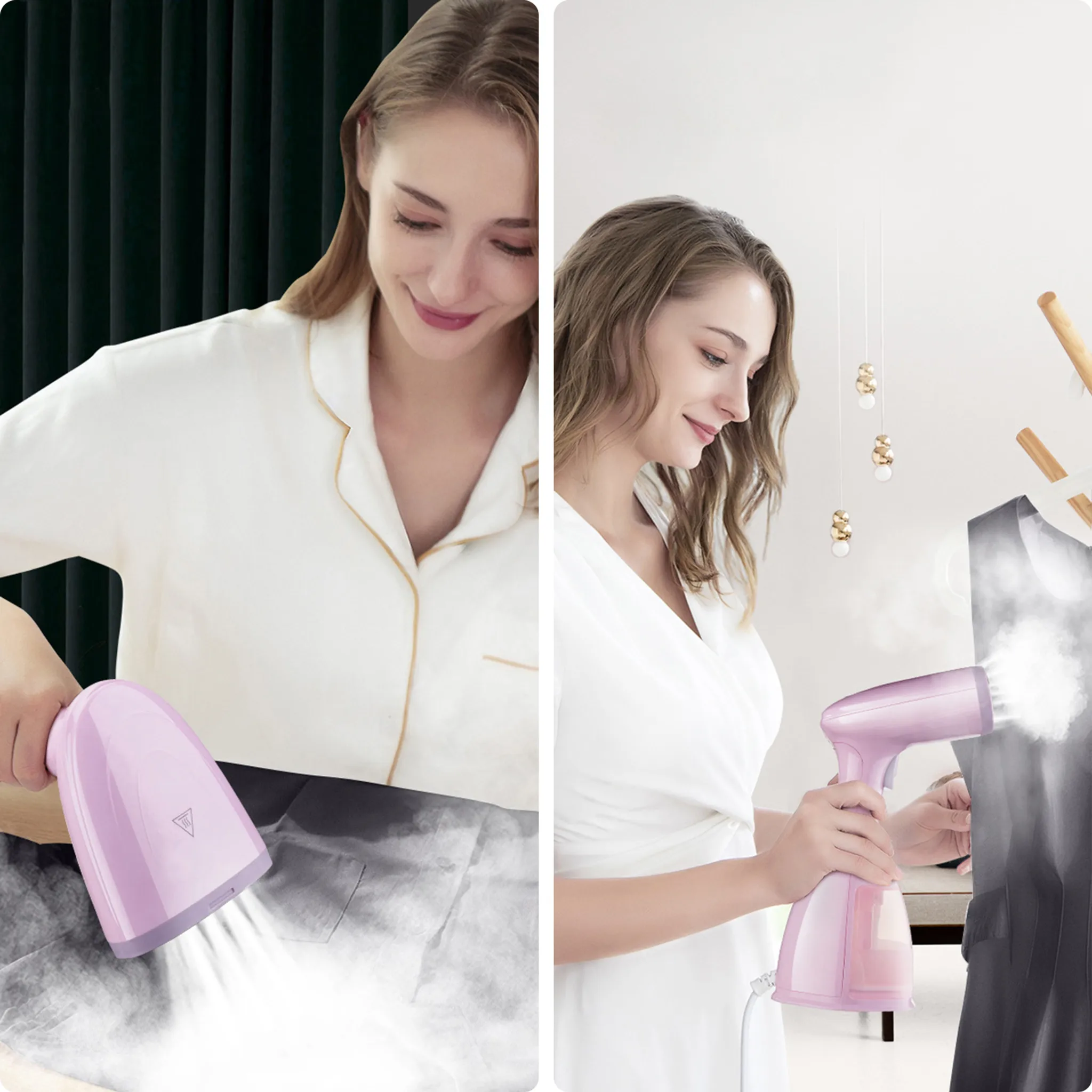 Zwei Frauen bügeln Kleidung mit einem rosa Dampfgarer. Eine dämpft auf einem schwarzen Kleidungsstück, die andere auf einem weißen Hemd.
