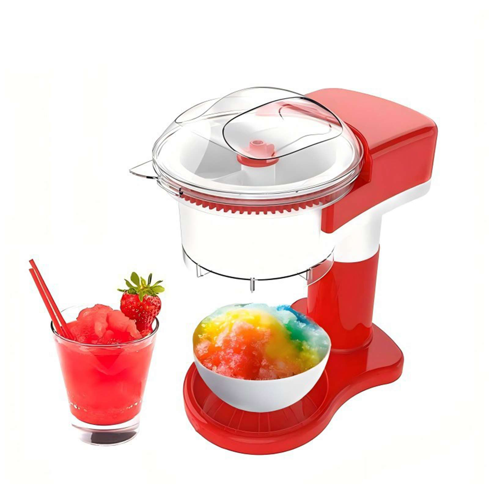 Rote Schneemaschine mit einer Schüssel Regenbogeneis und einem Glas rotem Slushy mit einer Erdbeere.