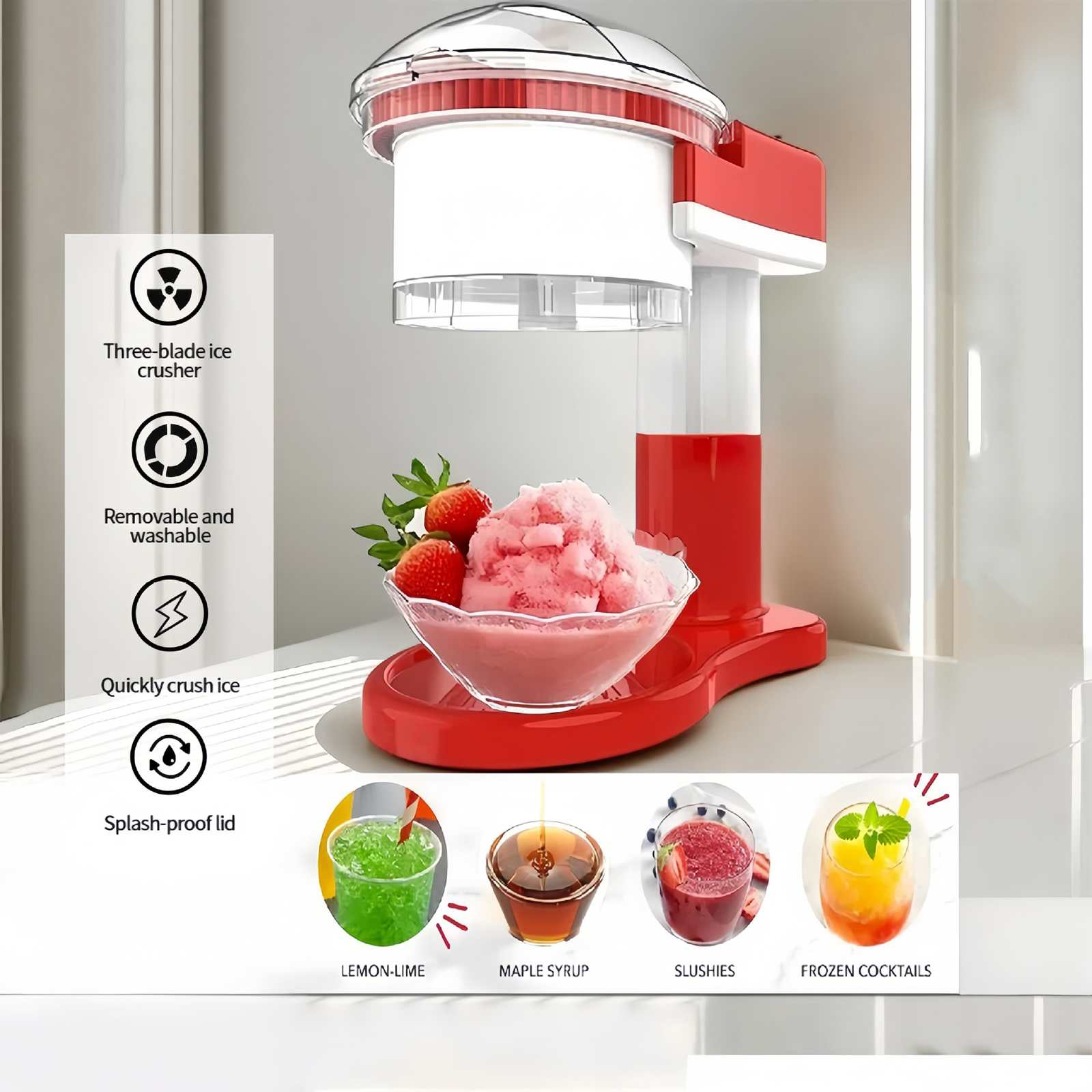 Roter Eiszerkleinerer mit einer Schüssel rosa Eis, Erdbeeren und Beispielen für Getränke: Limette, Ahornsirup, Slushies und gefrorene Cocktails.