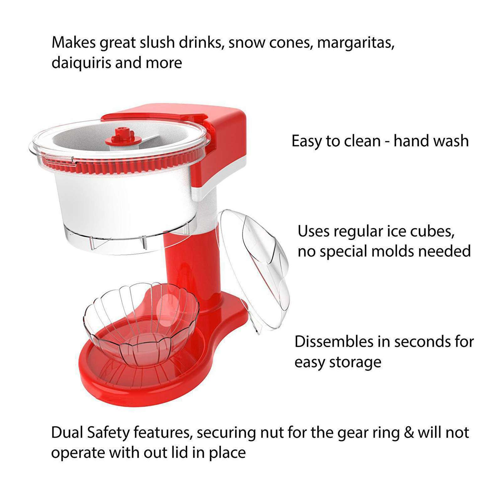Roter und weißer Slush-Eis-Bereiter mit Schüssel. Text erwähnt Funktionen und Getränke.