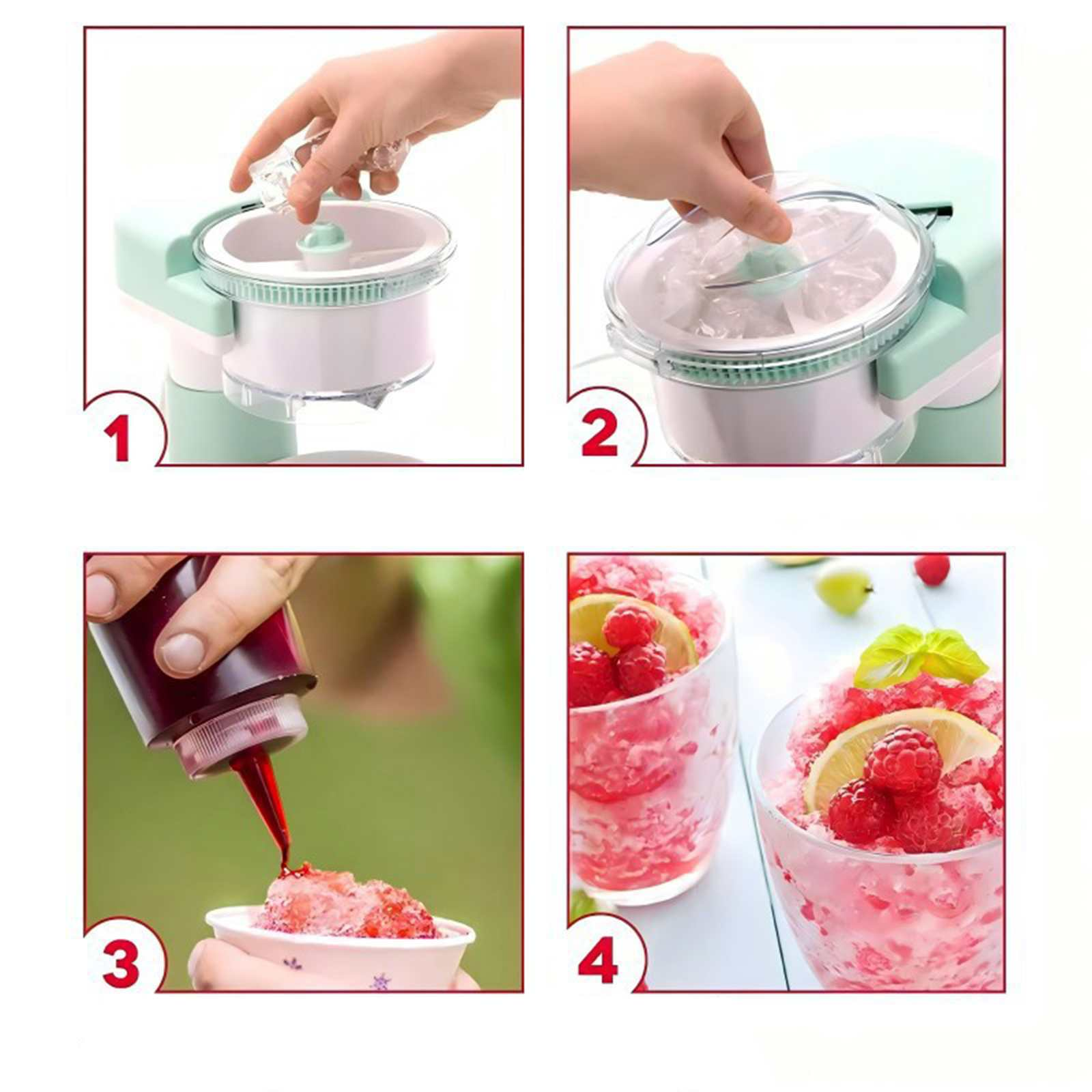 Reihenfolge der Herstellung von Eis. Hände fügen Eis und dann Sirup hinzu. Fertiges Produkt mit Himbeeren und Zitronenscheiben.