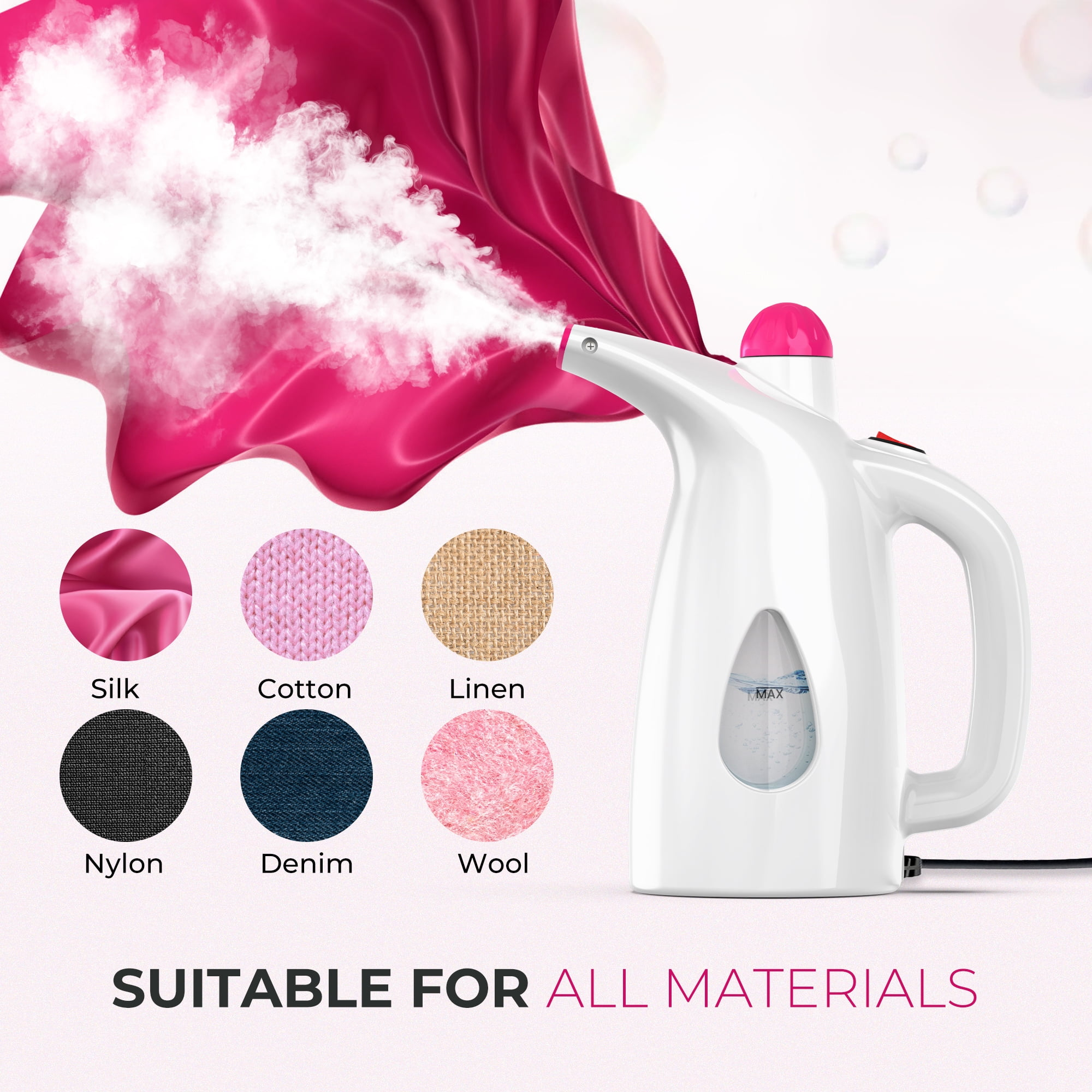 Ein weißer Steamer mit Dampf auf pinkfarbenem Stoff und Stoffmustern. Es steht: 'GEEIGNET FÜR ALLE MATERIALIEN'.