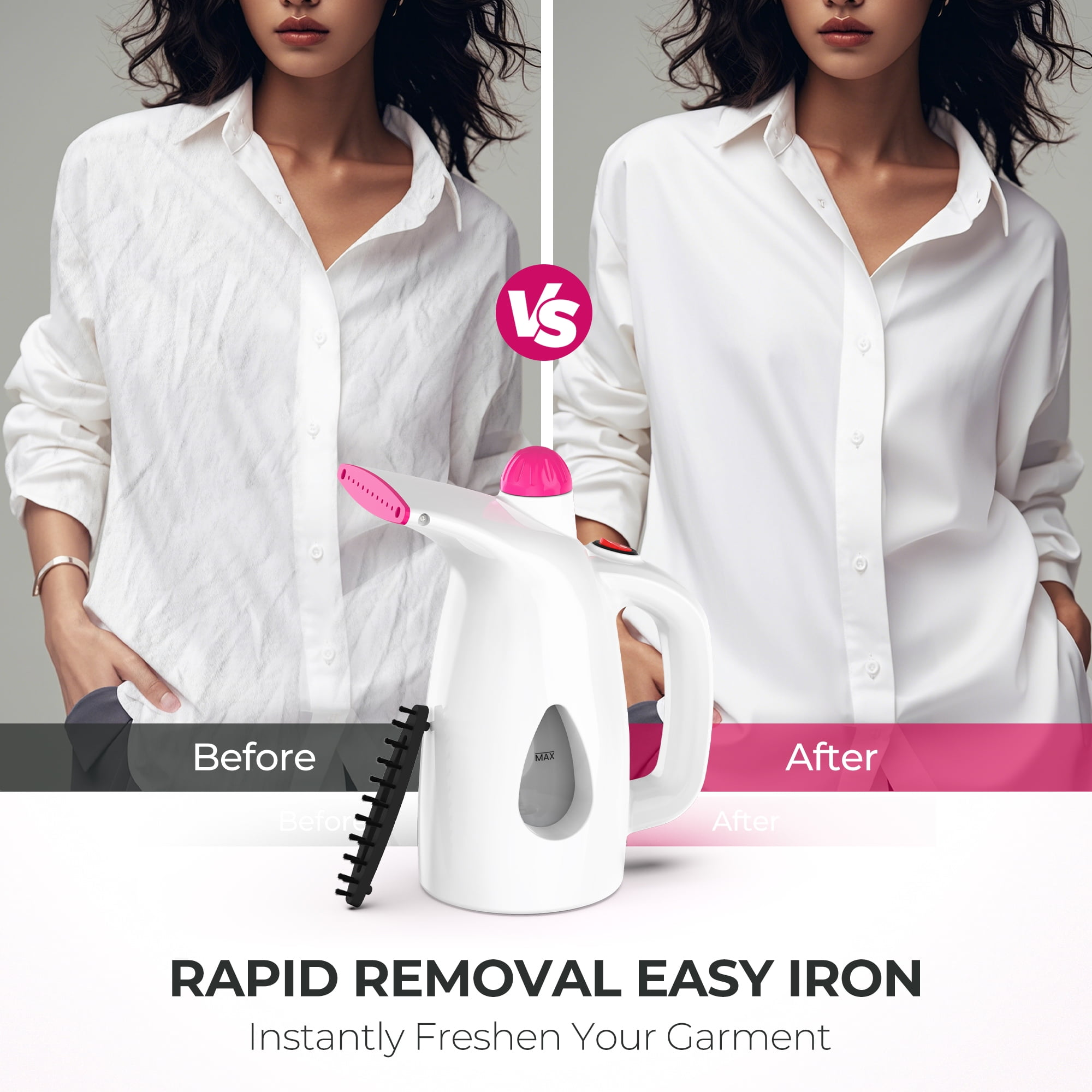 Ein weißes Hemd vor und nach dem Dämpfen, ein weißer Dampfer mit rosa Akzenten und der Text "Rapid Removal Easy Iron".