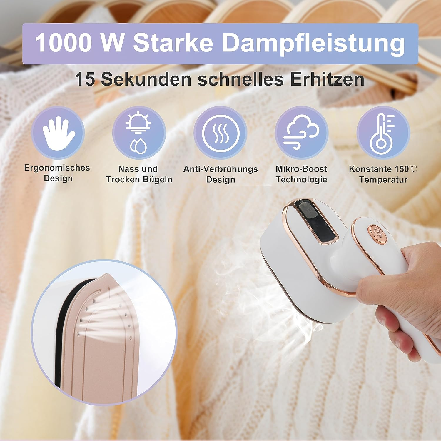 Ein weißer und goldener Handdampfer, der einen Pullover bedampft. Text zeigt 1000W Leistung, 15 Sekunden Aufheizzeit und weitere Merkmale.