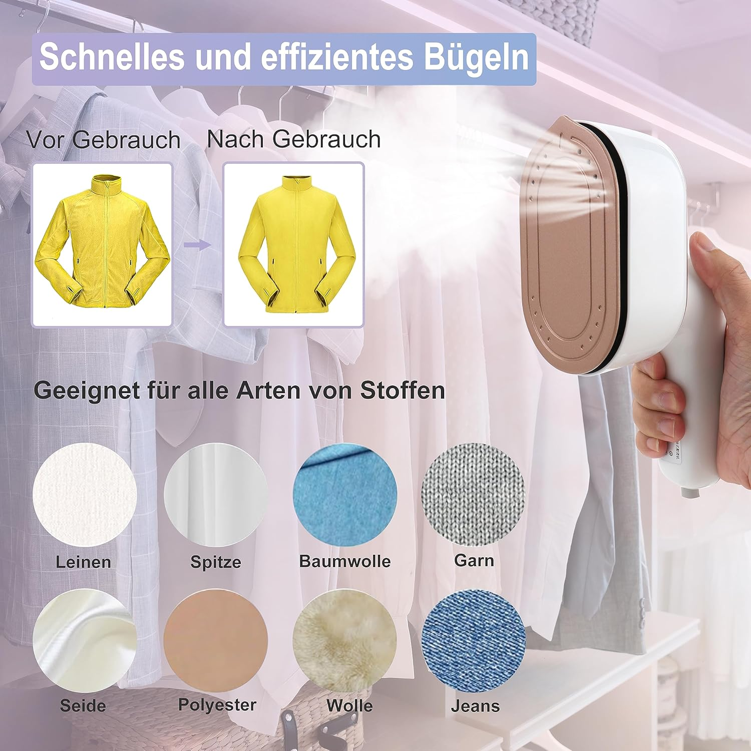 Ein Bügeleisen bedampft eine gelbe Jacke. Vorher- und Nachher-Bilder werden gezeigt. Verschiedene Stoffe sind aufgelistet: Leinen, Spitze, Baumwolle, Garn, Seide usw.
