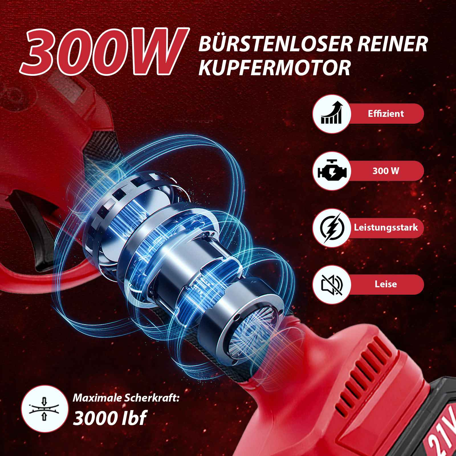 Rotes und silbernes Elektrowerkzeug mit Text. Zeigt 300W, Eigenschaften und Spezifikationen auf rotem Hintergrund.