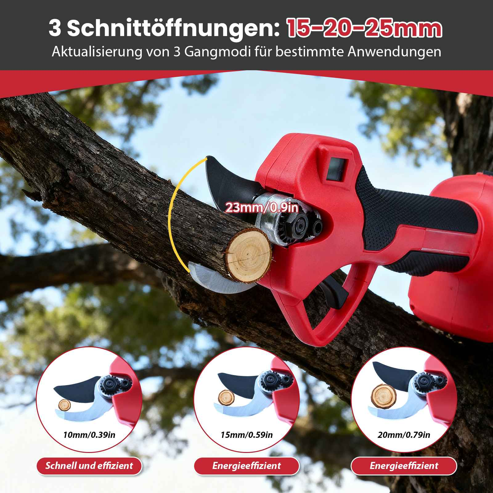 Rote elektrische Astschere schneidet einen Ast, mit drei Größenoptionen unten. Text oben.