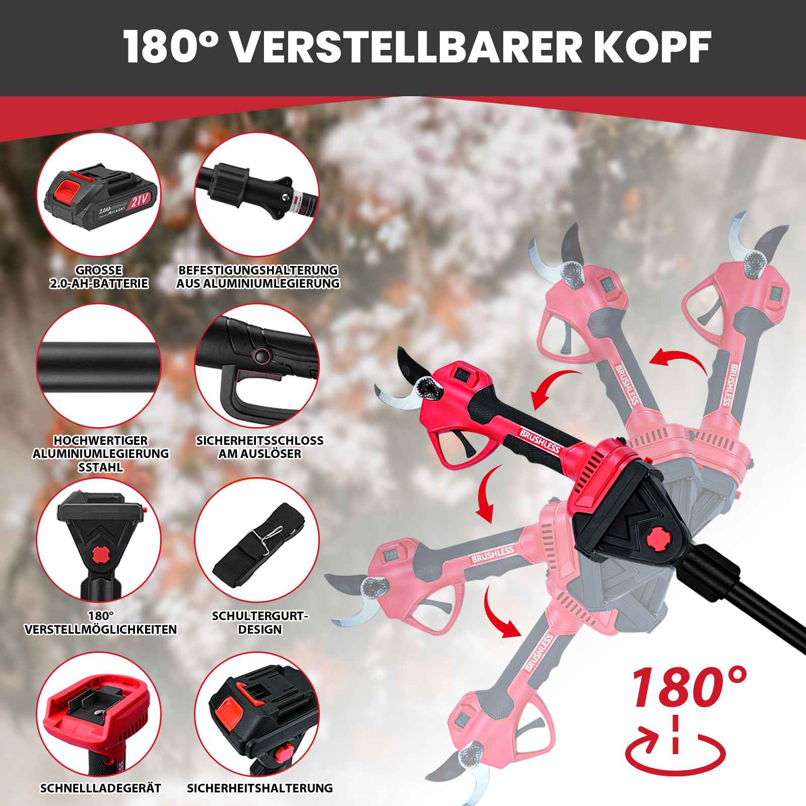 Ein rotes und schwarzes kabelloses Astscheren-Set. Zu den Merkmalen gehören Akku, Sicherheitsverriegelung und 180-Grad-verstellbarer Kopf.
