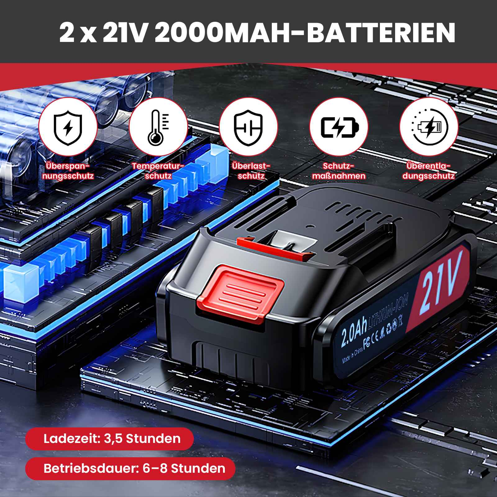 Ein schwarzes und rotes 21V-Akkupack mit Sicherheitssymbolen. Der Text enthält '2 x 21V 2000MAH-BATTERIEN', '3,5 Stunden Ladezeit'.