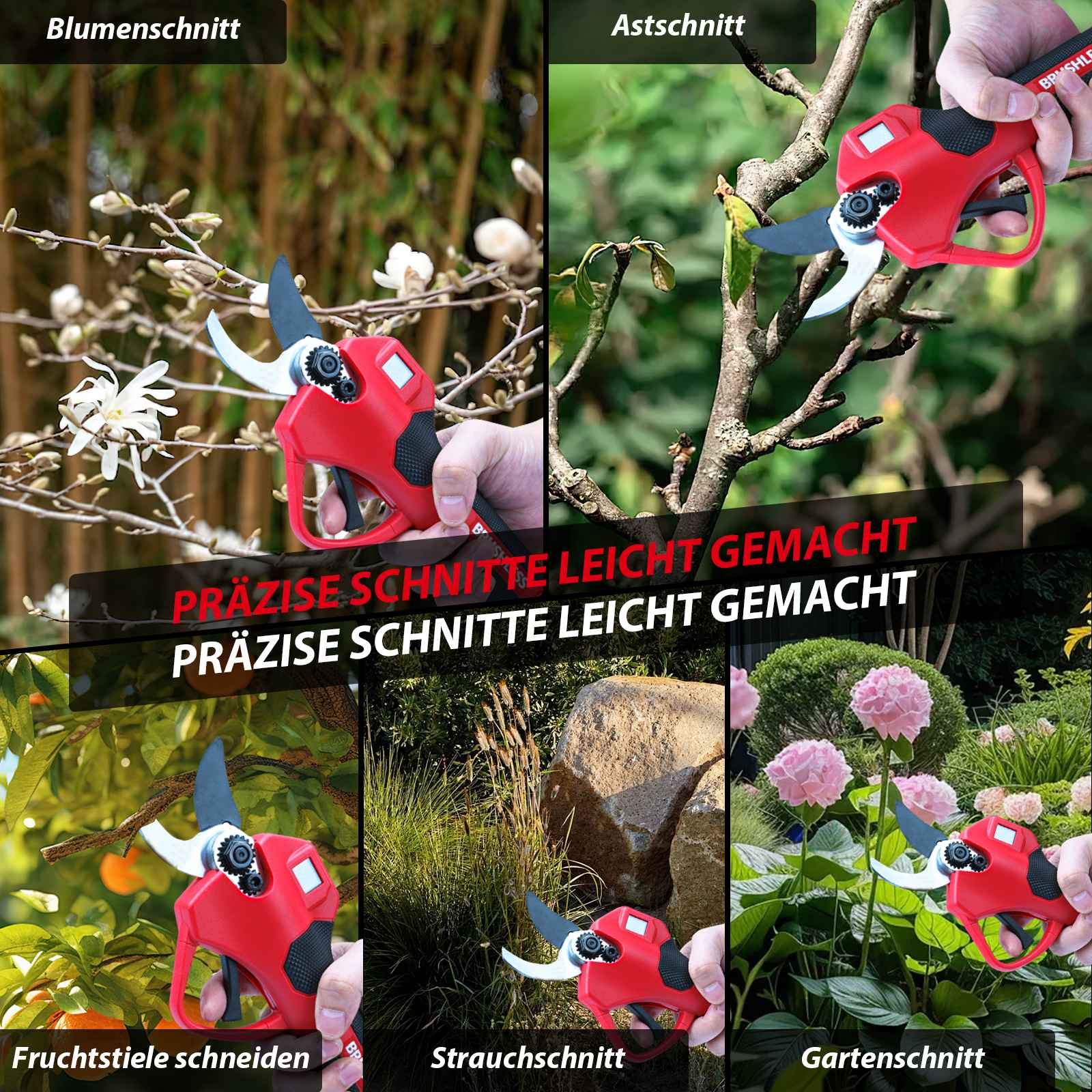 Das Bild zeigt eine rote Gartenschere, die Zweige, Blumen und Sträucher schneidet, mit dem Text 'Präzise Schnitte leicht gemacht'.