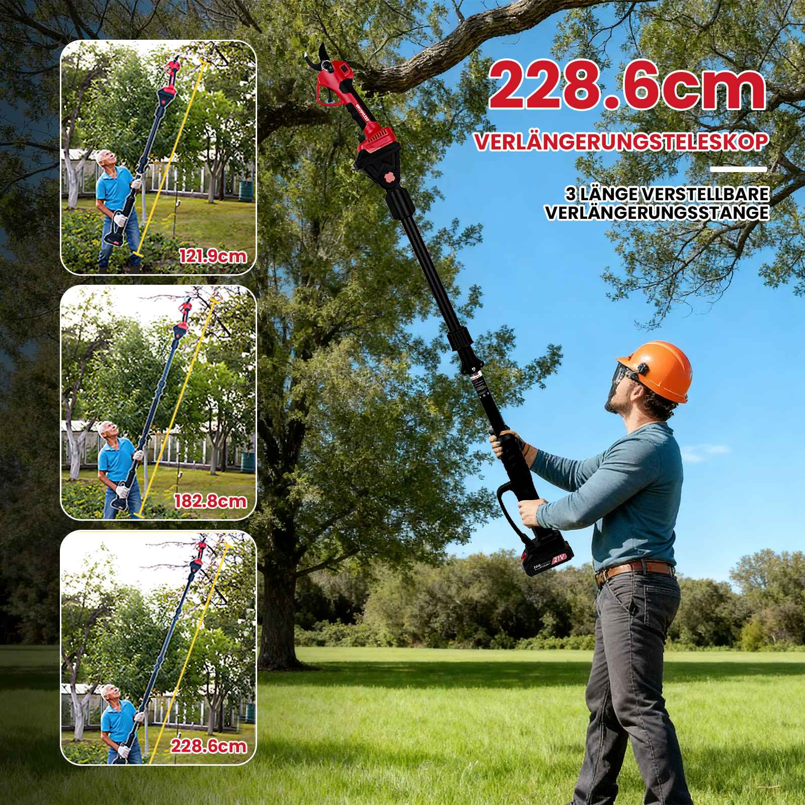 Ein Mann mit Helm benutzt eine Stangensäge, um einen Baum zu beschneiden. Die Säge ist rot und schwarz. Die Szene ist im Freien.