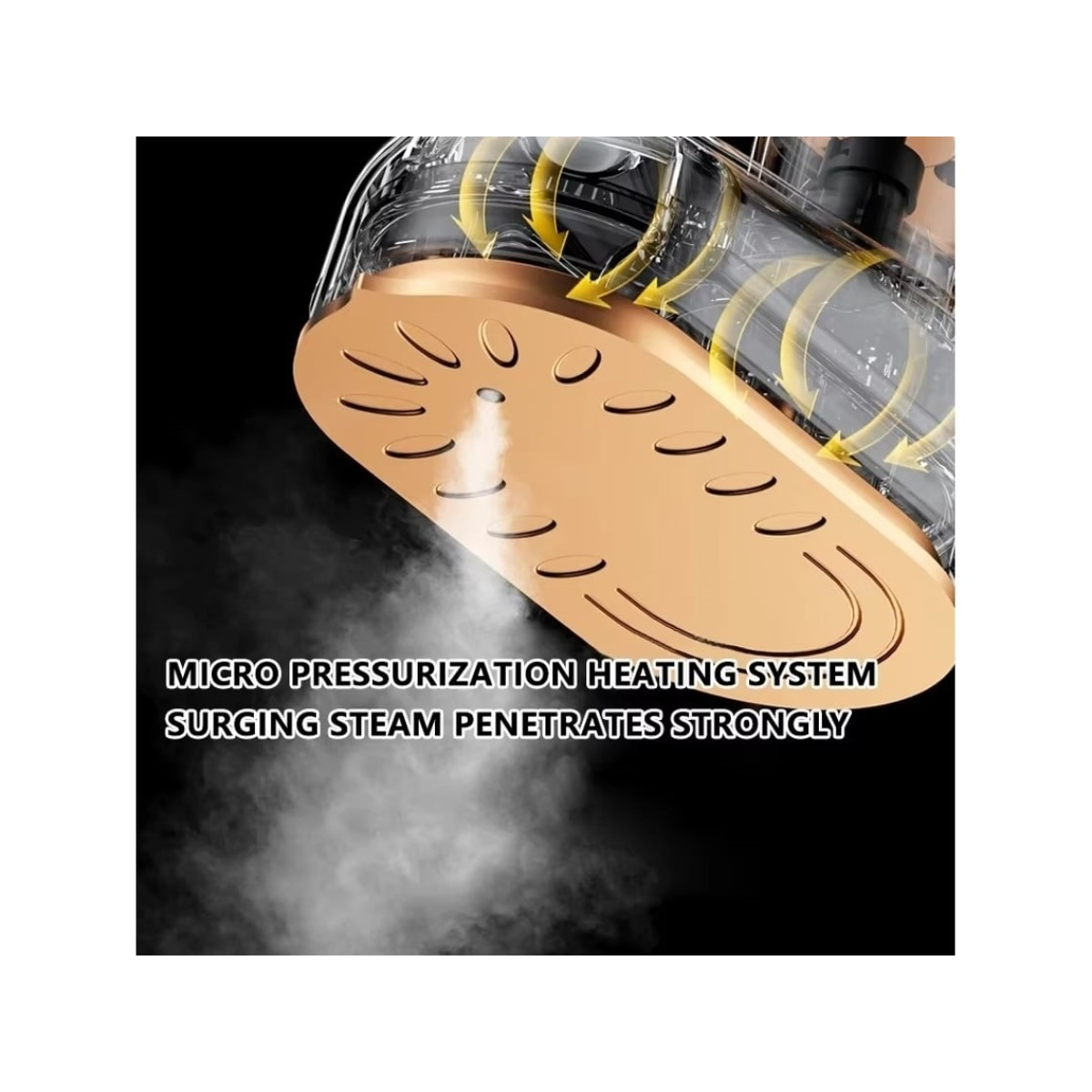 Goldfarbenes Dampfbügeleisen mit austretendem Dampf. Text: Mikrodruck-Heizsystem. Aufsteigender Dampf dringt stark ein.