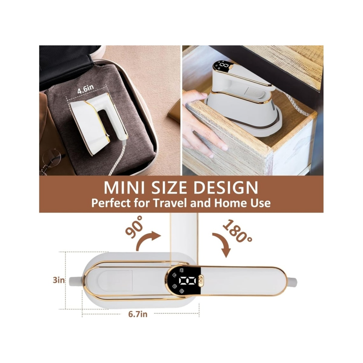 Das Bild zeigt ein weißes und goldenes Mini-Bügeleisen. Es ist mit 'Mini Size Design' beschriftet. Abmessungen und Winkel werden angezeigt.