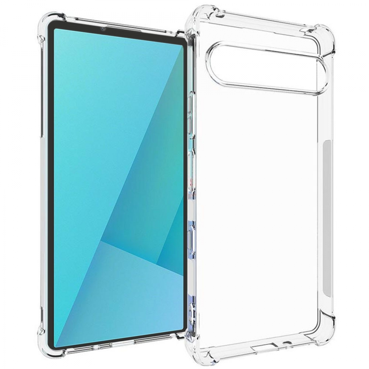 Eine transparente Tablethülle neben einem Tablet mit blauem Bildschirm. Die Hülle ist durchsichtig und zeigt das Tablet.
