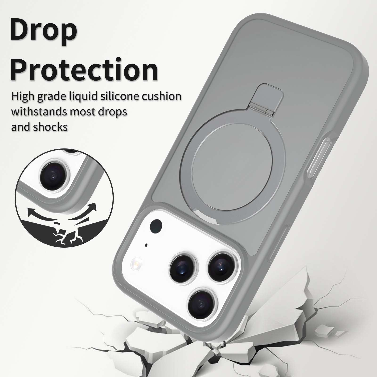 Graue Handyhülle mit Ringhalter. Der Text lautet 'Drop Protection'. Das Telefon ist weiß und der Hintergrund ist weiß.