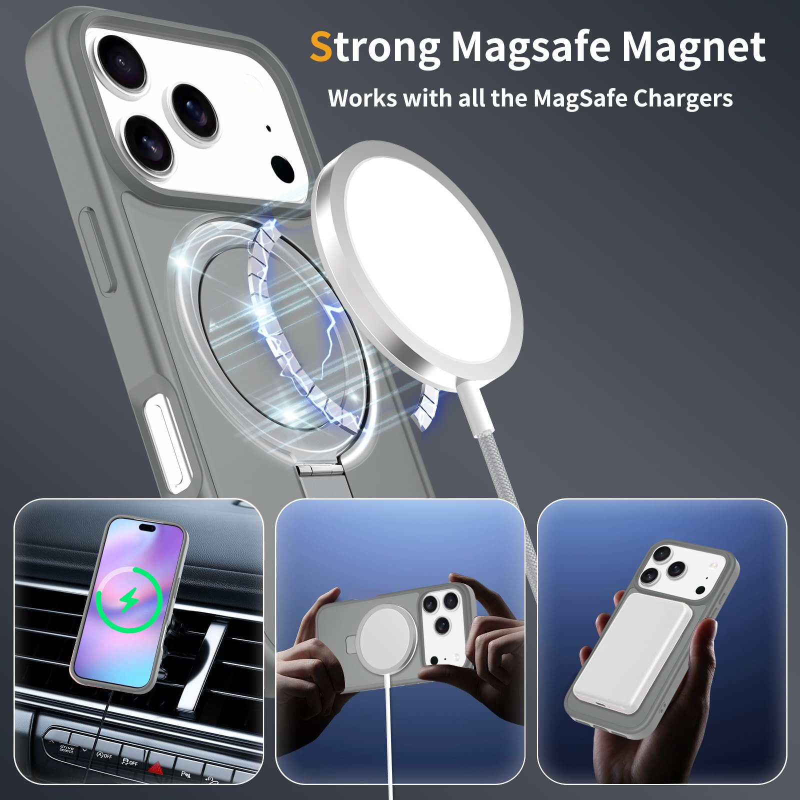 Das Bild zeigt eine Handyhülle mit MagSafe-Ladegerät. Es ist mit einem Telefon im Auto verbunden und wird von einer Person gehalten.