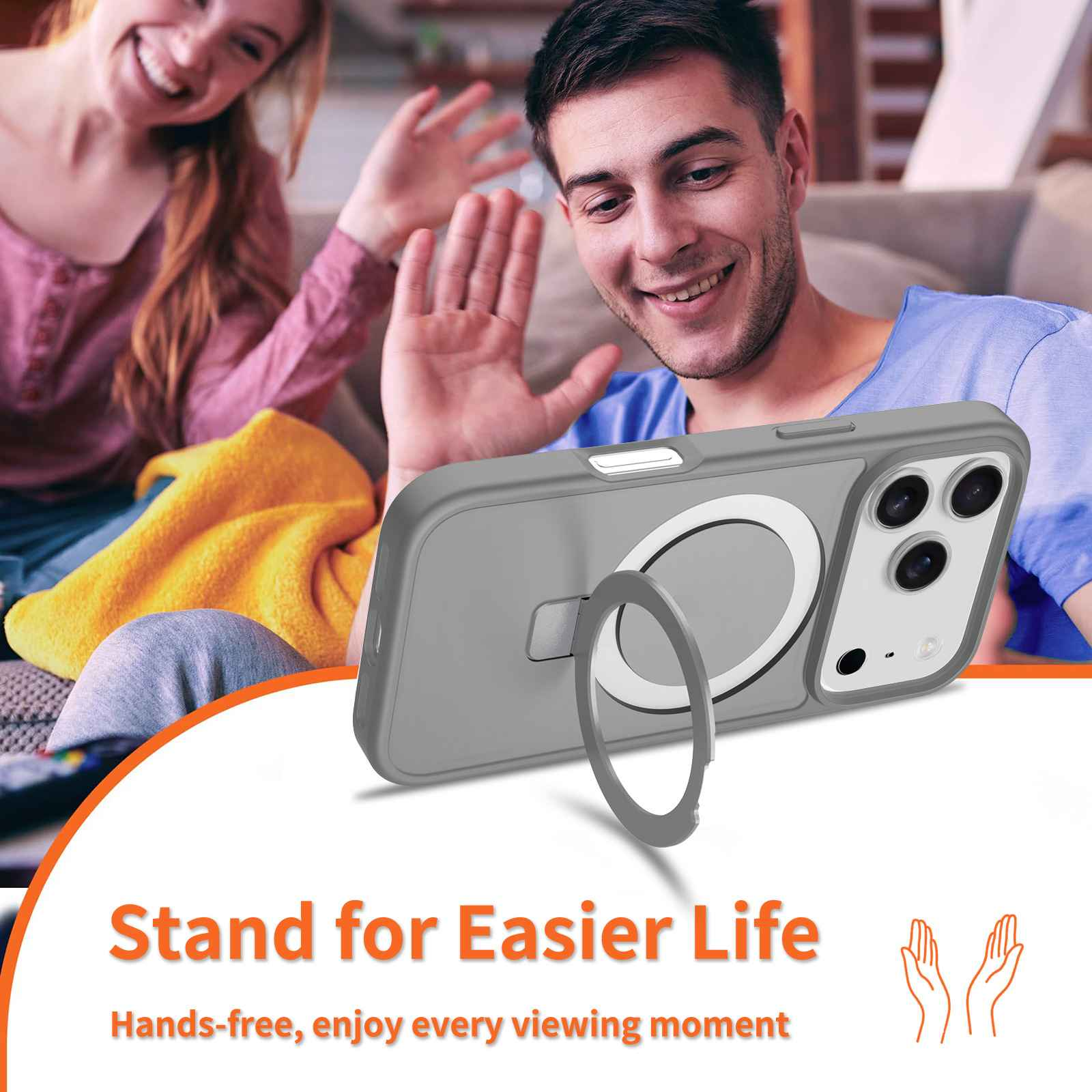 Ein Telefon mit Ständer, im Hintergrund zwei Personen. Oranger Text: 'Stand for Easier Life'.