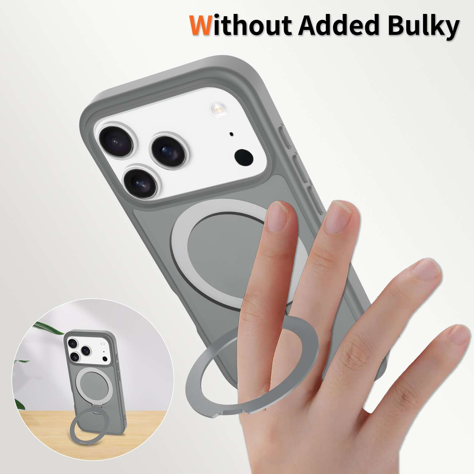 Eine Handyhülle mit einem Ringhalter. Das Telefon wird von einer Hand gehalten. Die Hülle ist grau. Der Hintergrund ist weiß.