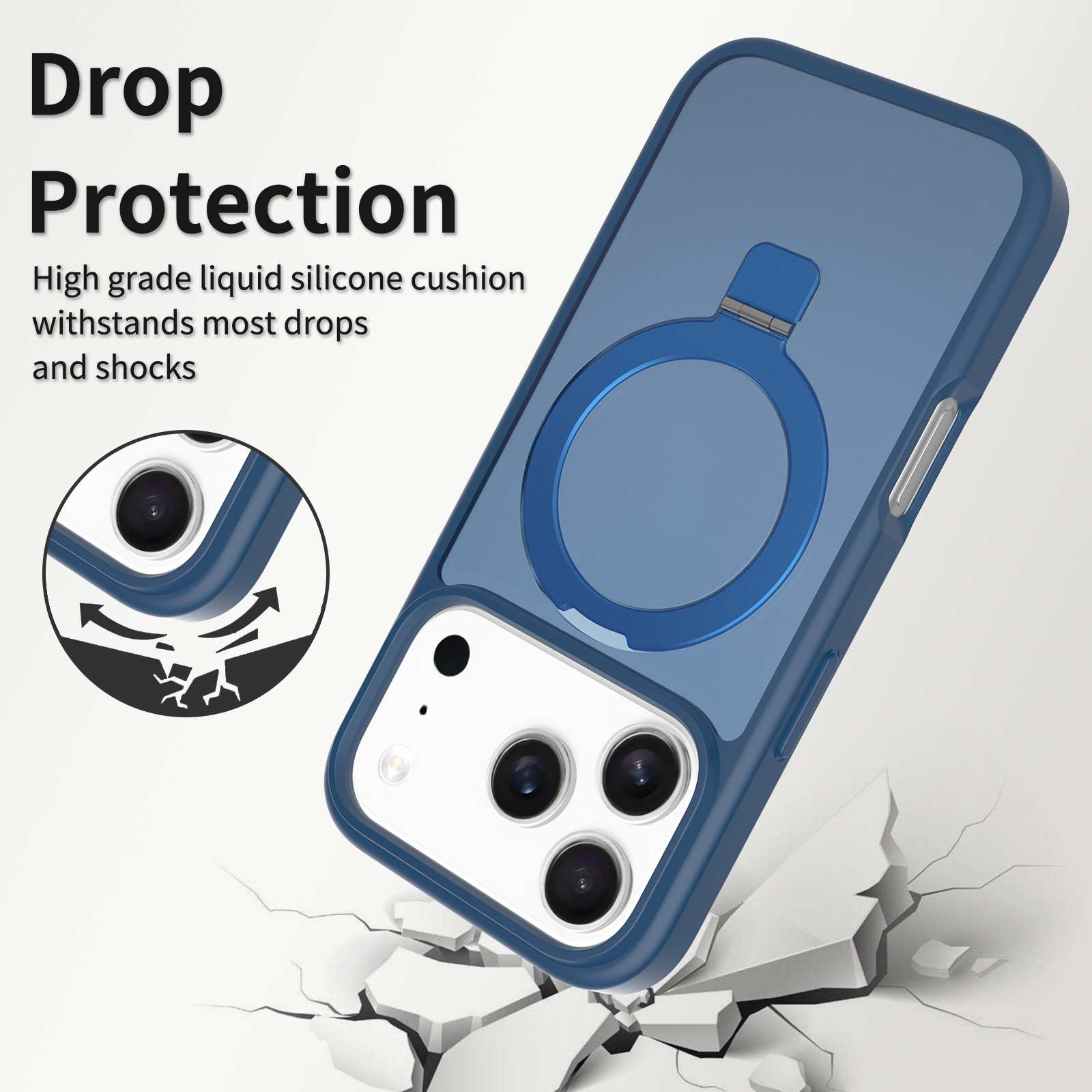Blaue Handyhülle mit Ring auf weißer, rissiger Oberfläche. Text 'Drop Protection' sichtbar.