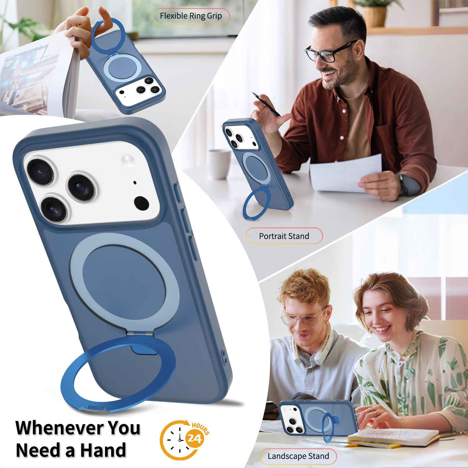 Handyhülle mit Ringgriff, als Ständer verwendet. Personen nutzen das Telefon im Hoch- und Querformat. Die Hülle ist blau.