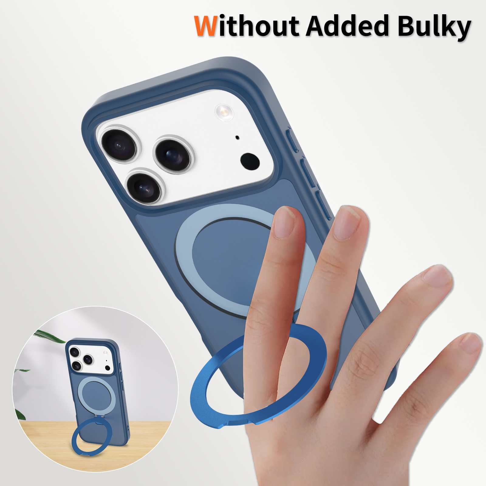Eine blaue Handyhülle mit einem Ringhalter wird von einer Hand gehalten. Das Telefon ist weiß mit schwarzen Kameras.
