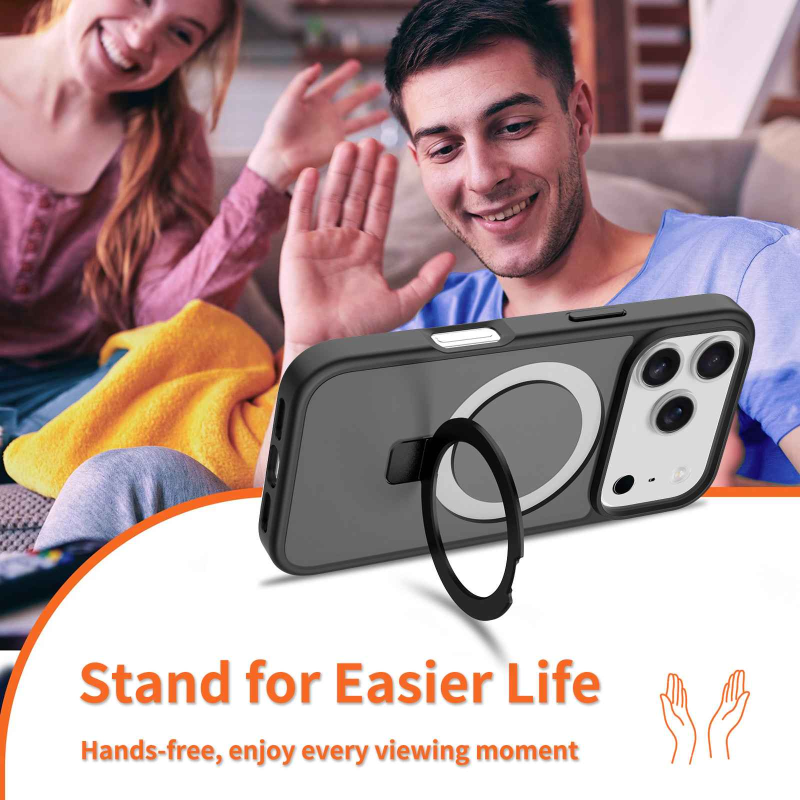 Lächelnde Menschen winken, eine Handyhülle mit Ringständer im Fokus, orangener Text unten: 'Stand for Easier Life'.